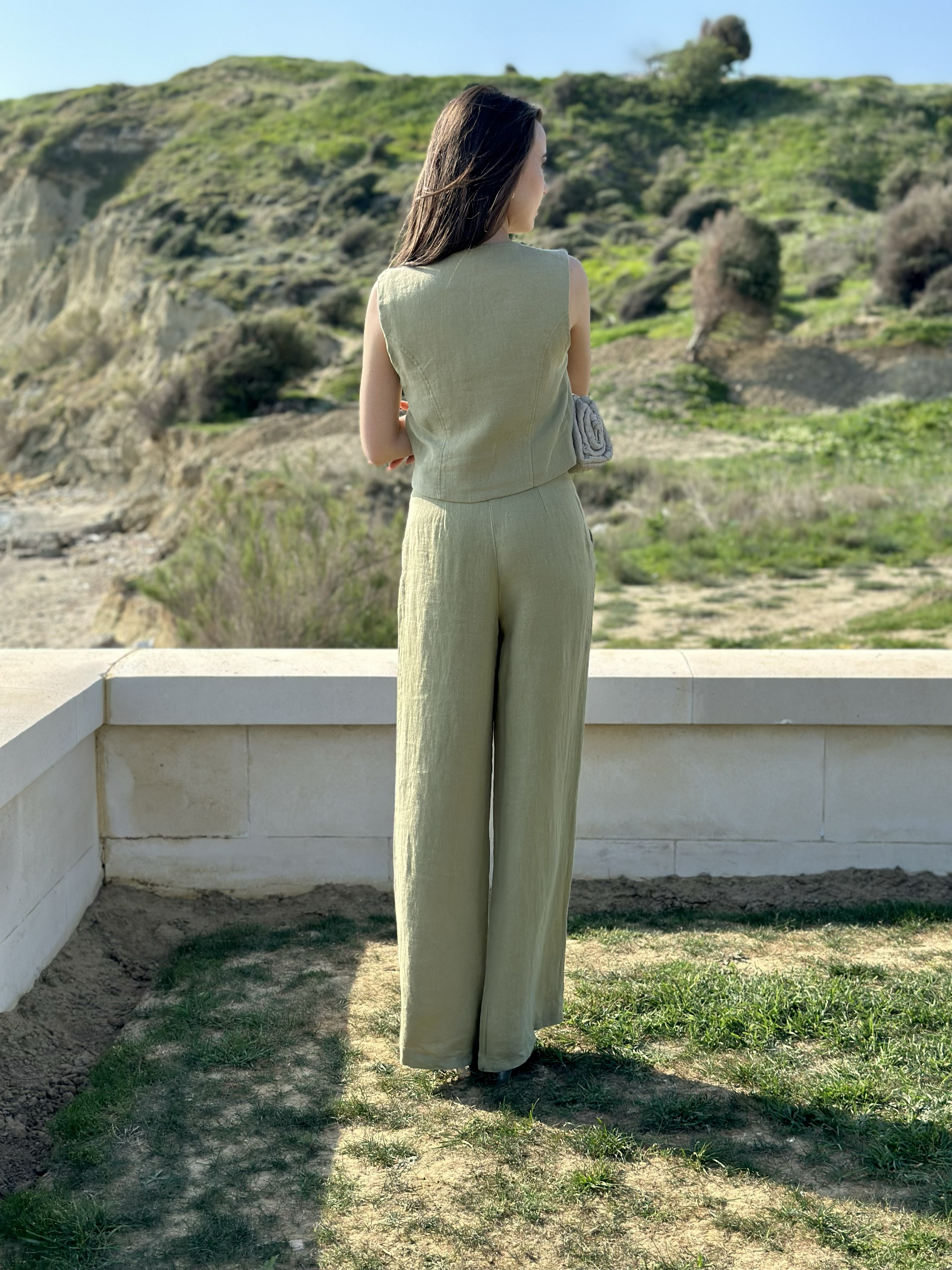 Premium Seri Keten Palazzo Pantolon - Yeşil