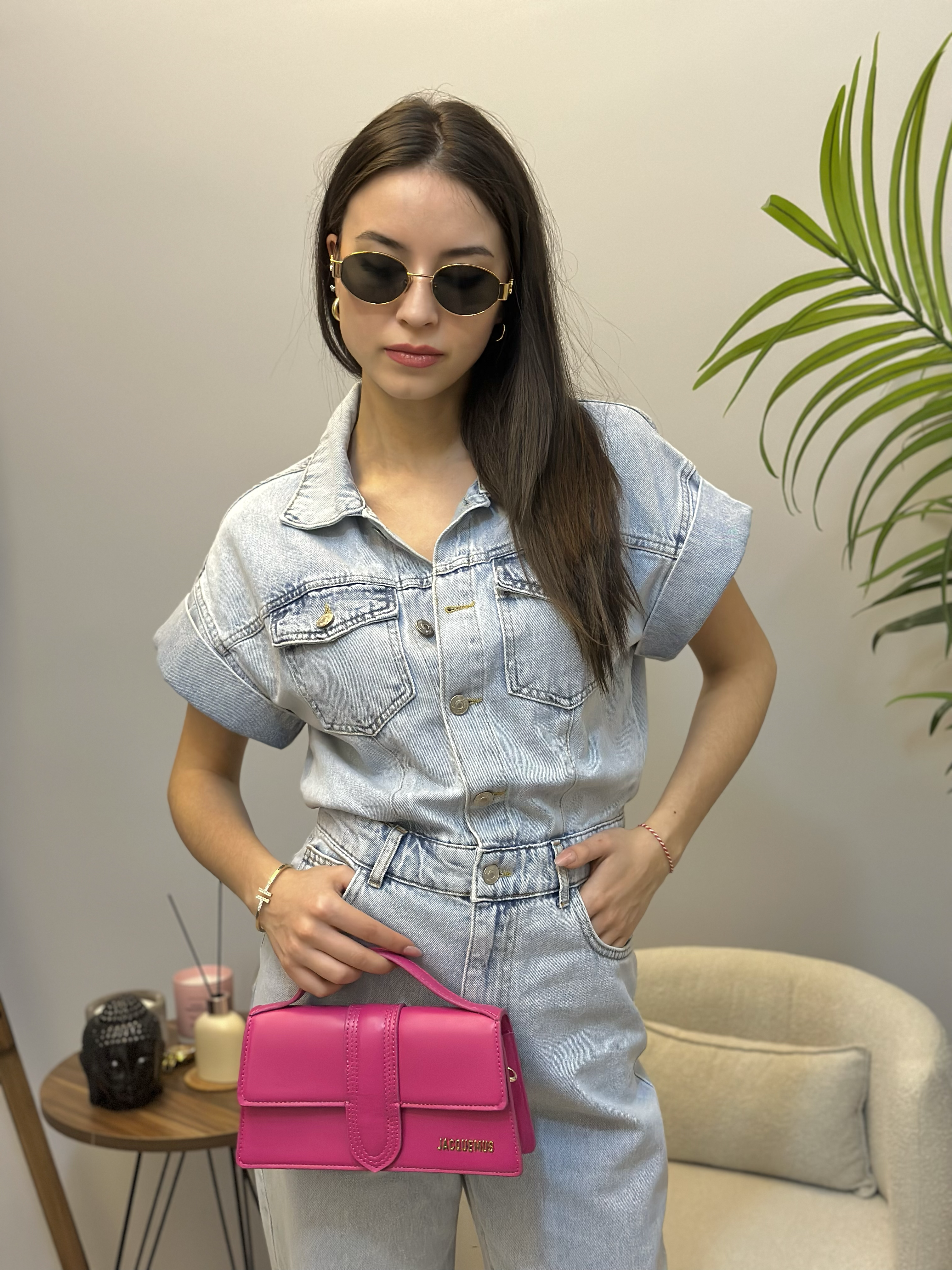 Premium Seri Kısa Kol Kot Tulum - Buz Mavi