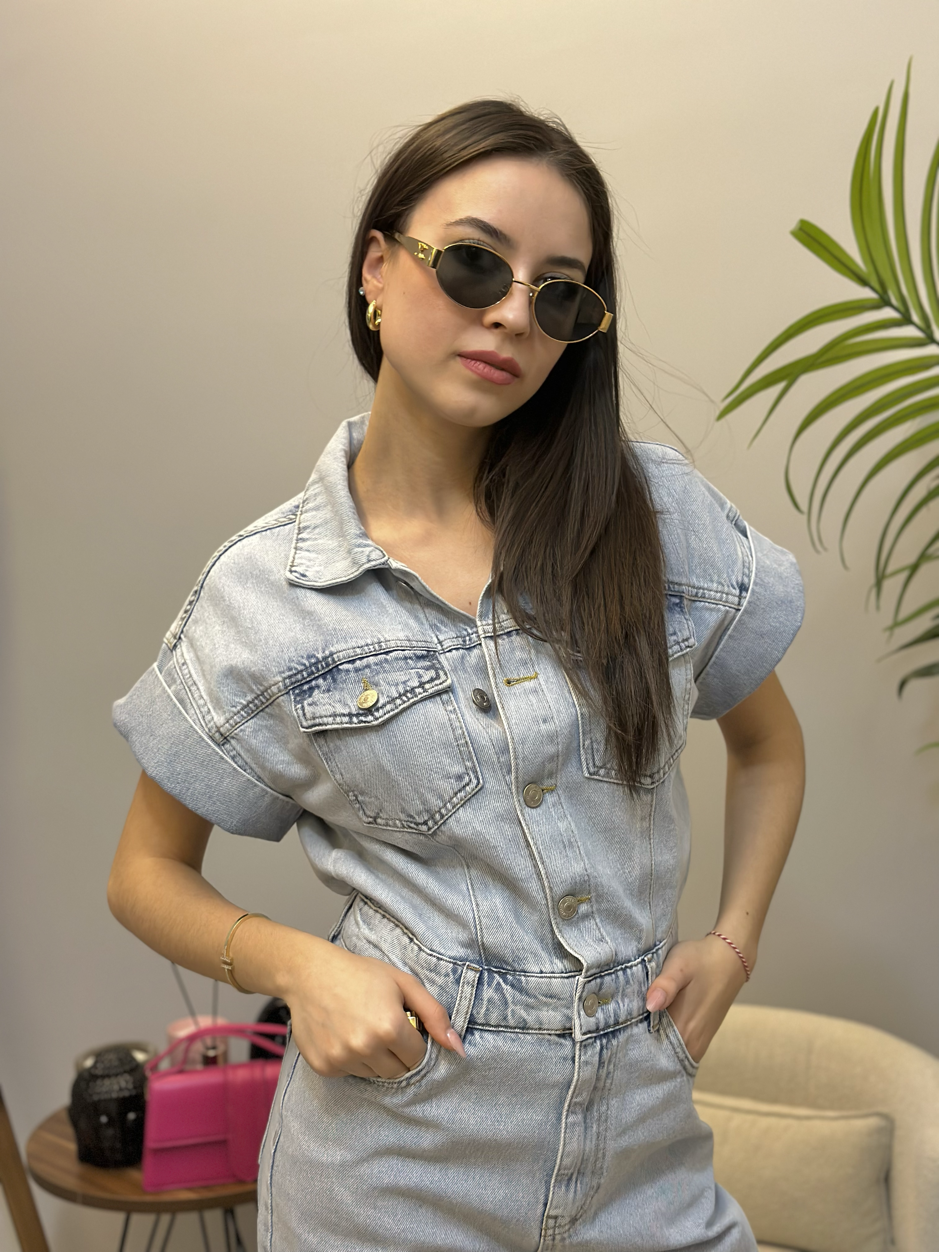 Premium Seri Kısa Kol Kot Tulum - Buz Mavi