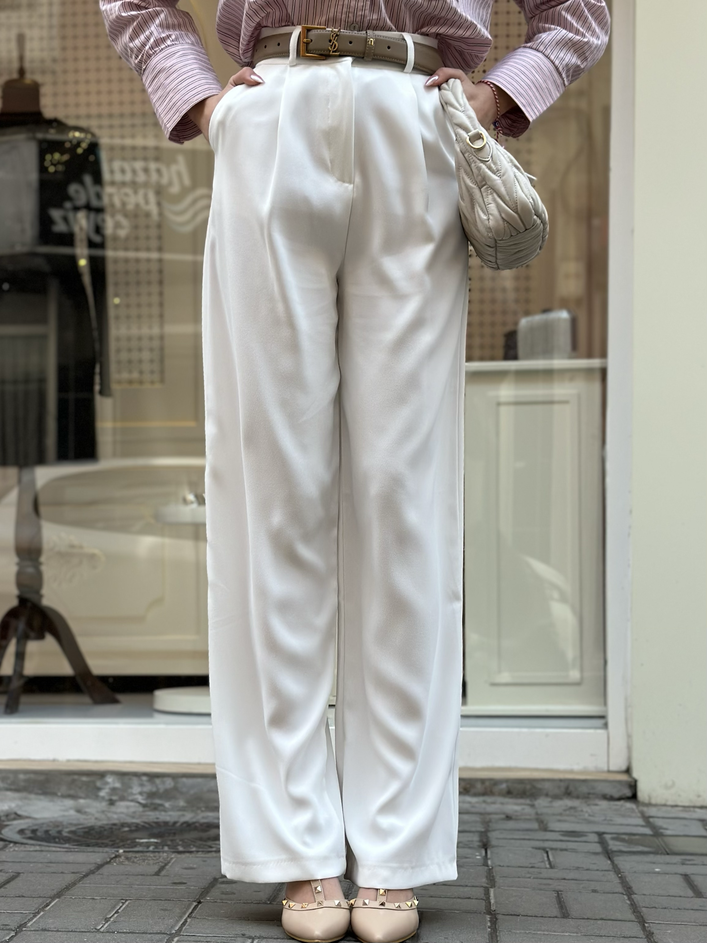 Premium Seri Kumaş Palazzo Pantolon - Beyaz