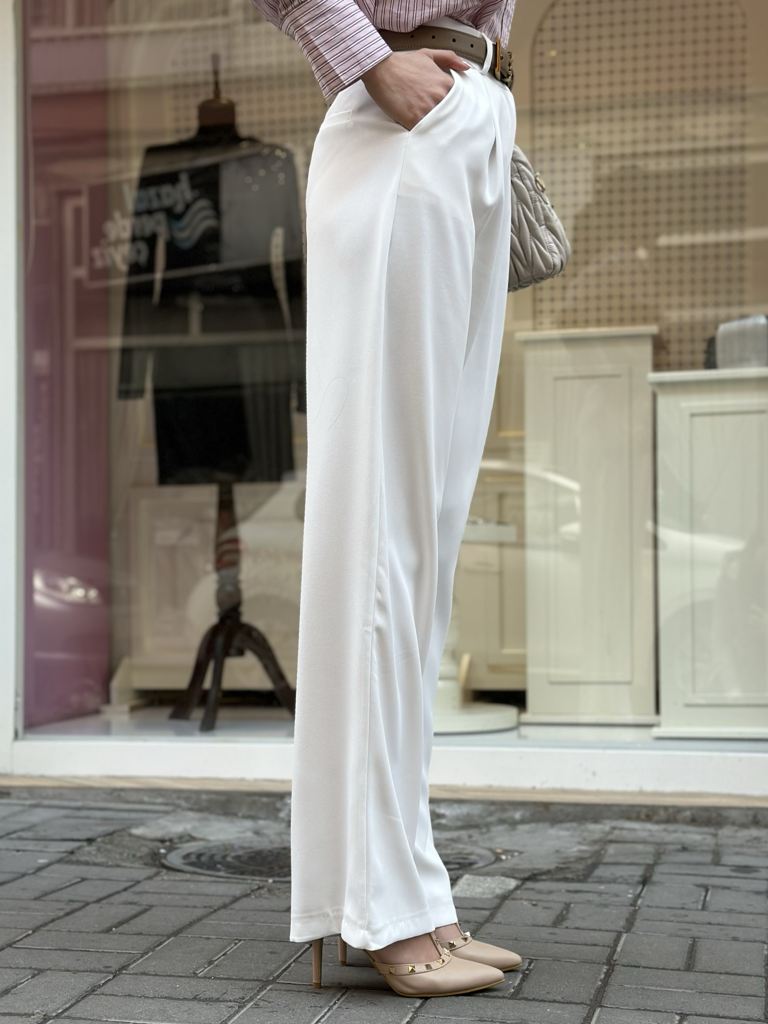 Premium Seri Kumaş Palazzo Pantolon - Beyaz
