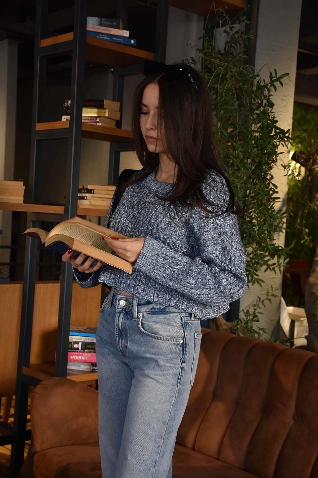 Simli Örgü Model Crop Triko - Mavi