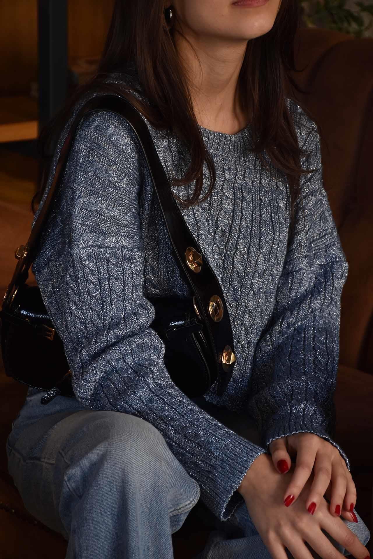 Simli Örgü Model Crop Triko - Mavi