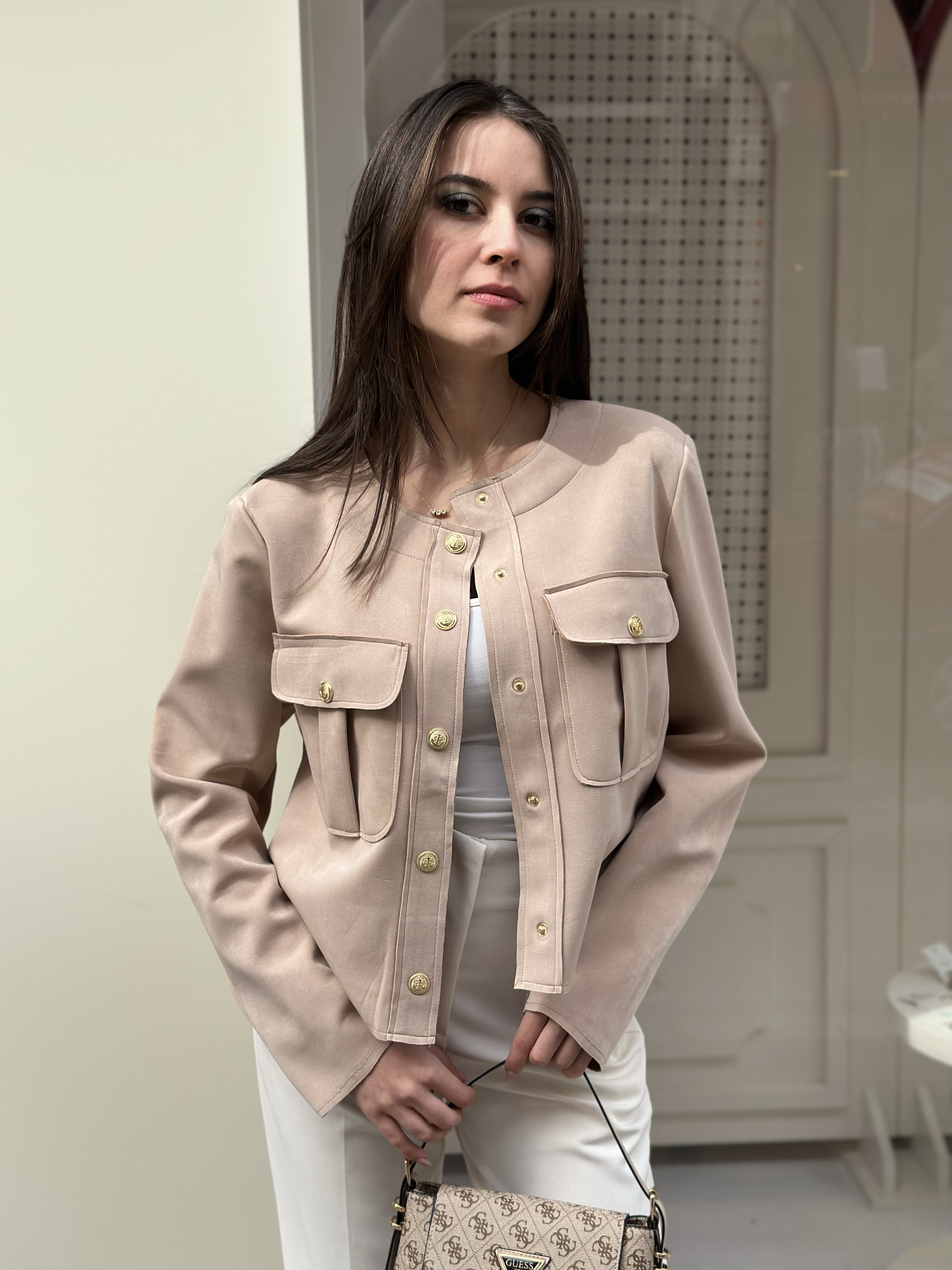 Süet Görünümlü Gold Düğmeli Ceket - Camel