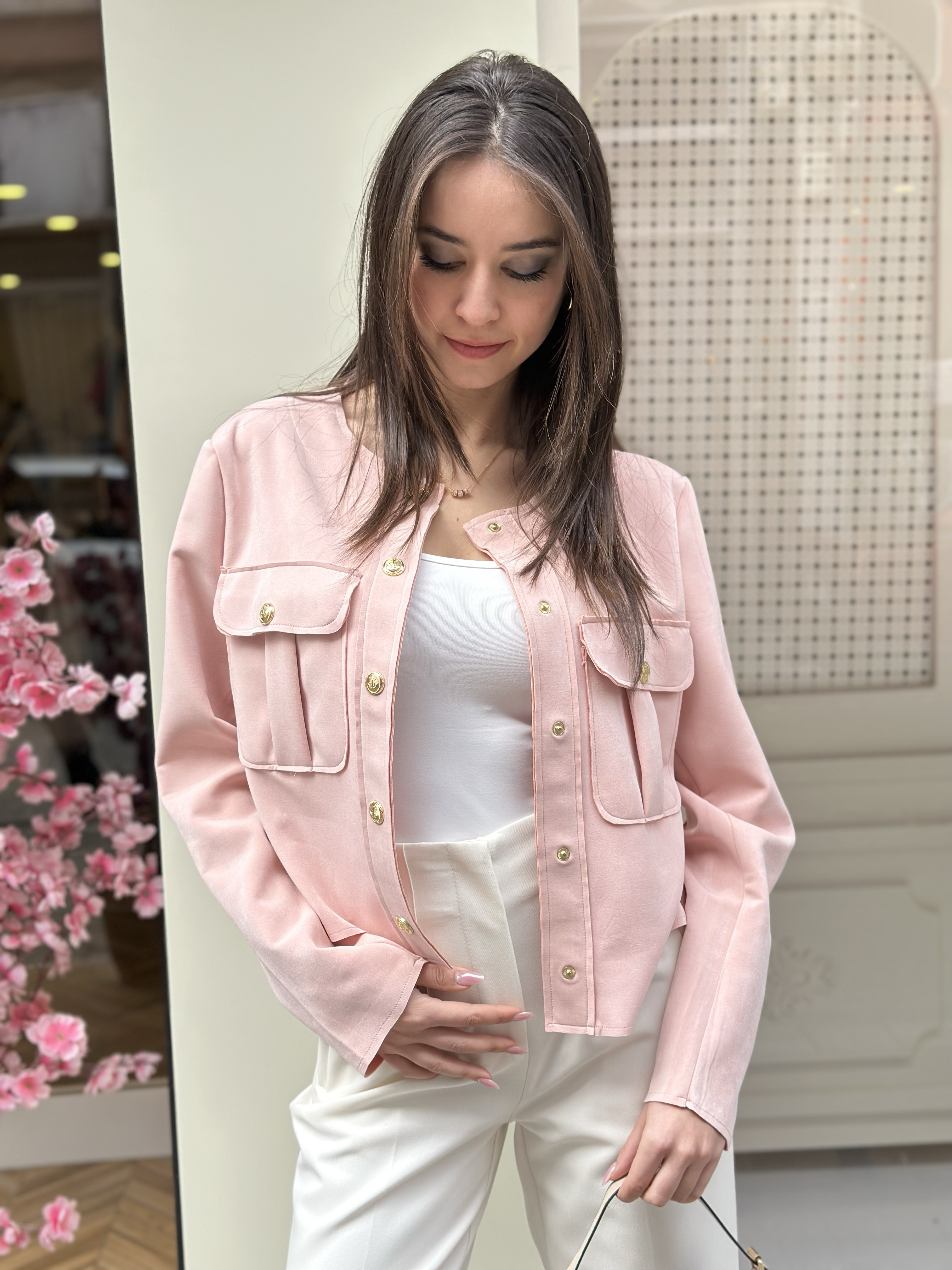 Süet Görünümlü Gold Düğmeli Ceket - Pembe