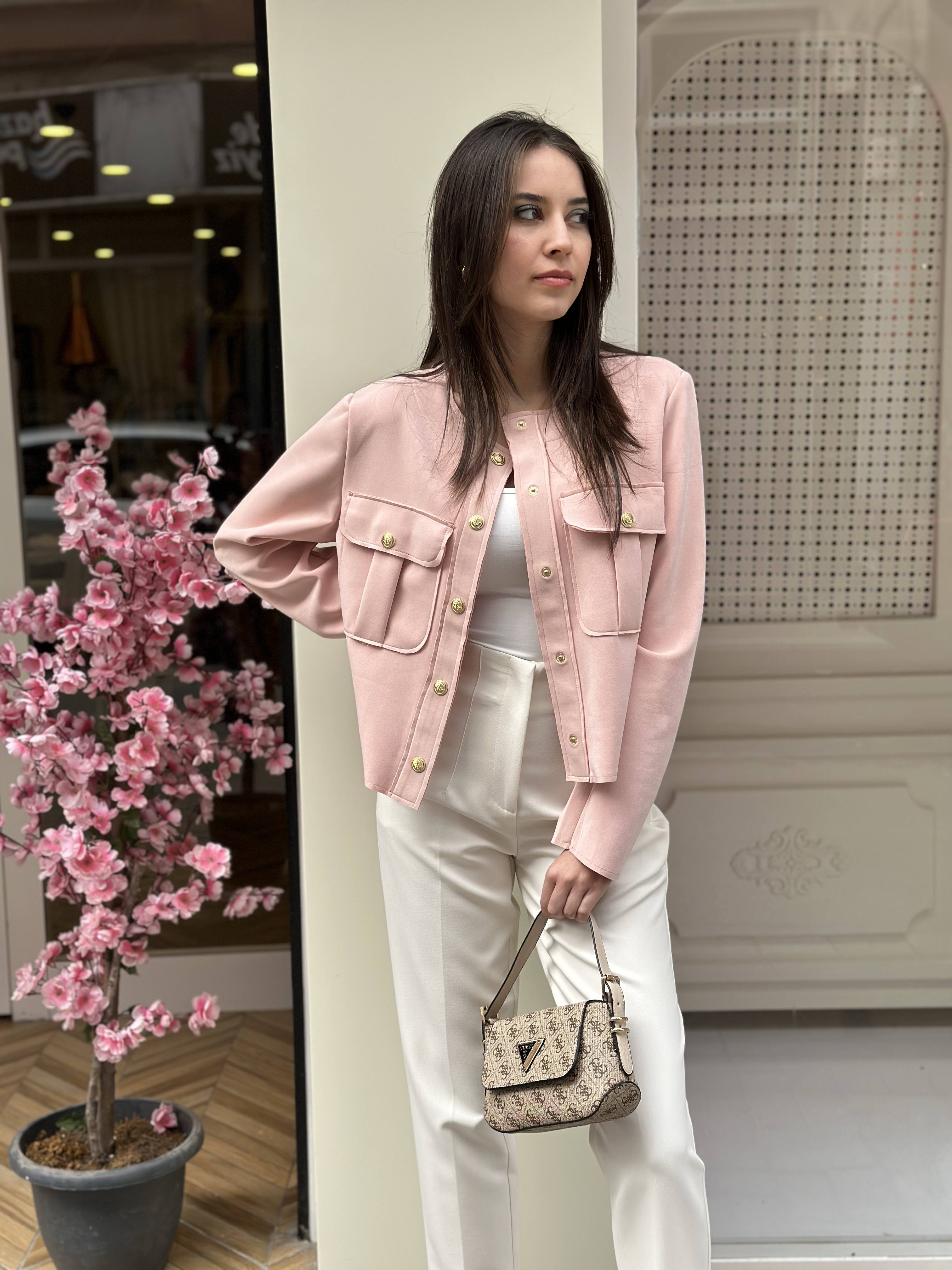 Süet Görünümlü Gold Düğmeli Ceket - Pembe