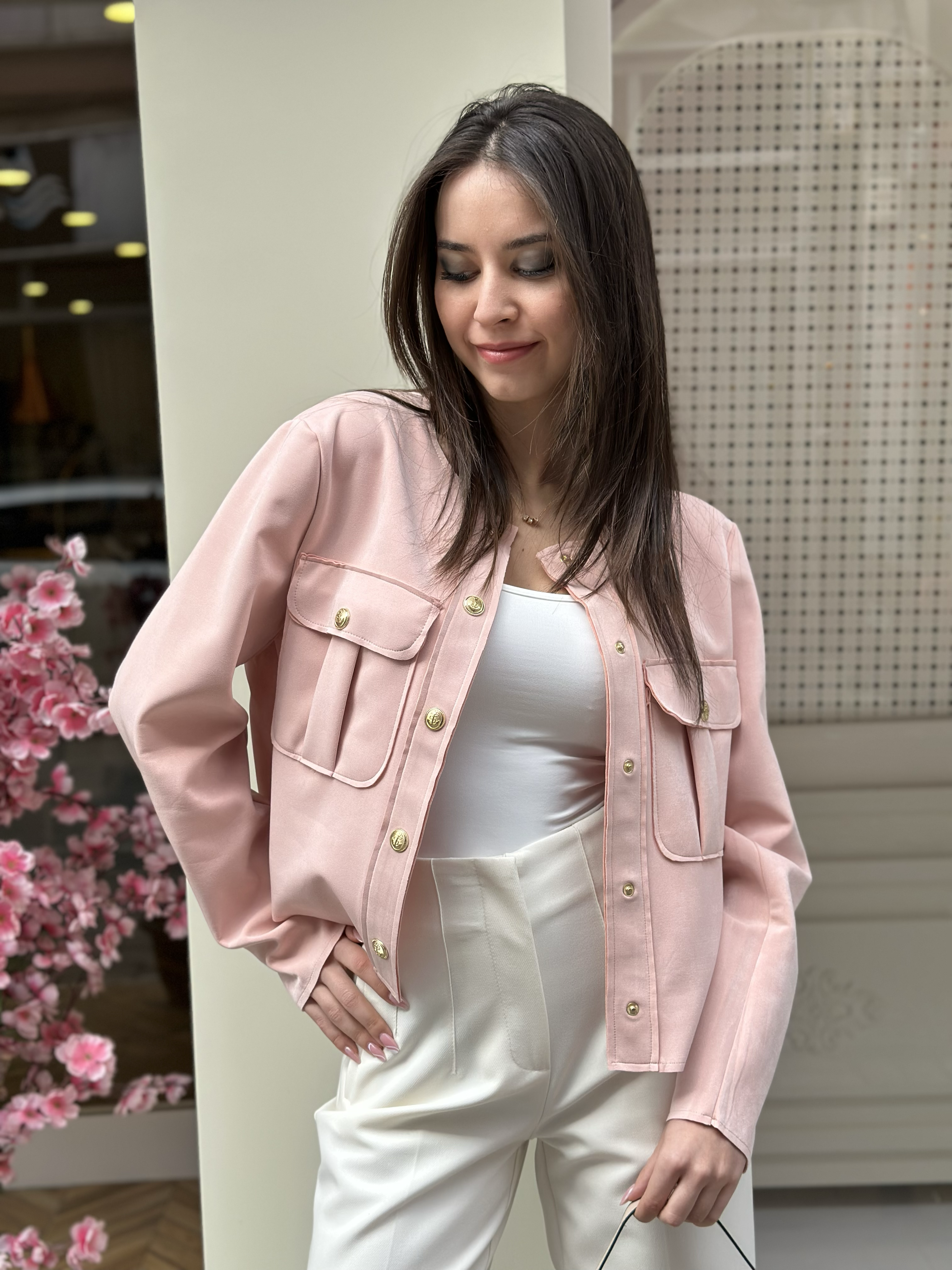 Süet Görünümlü Gold Düğmeli Ceket - Pembe