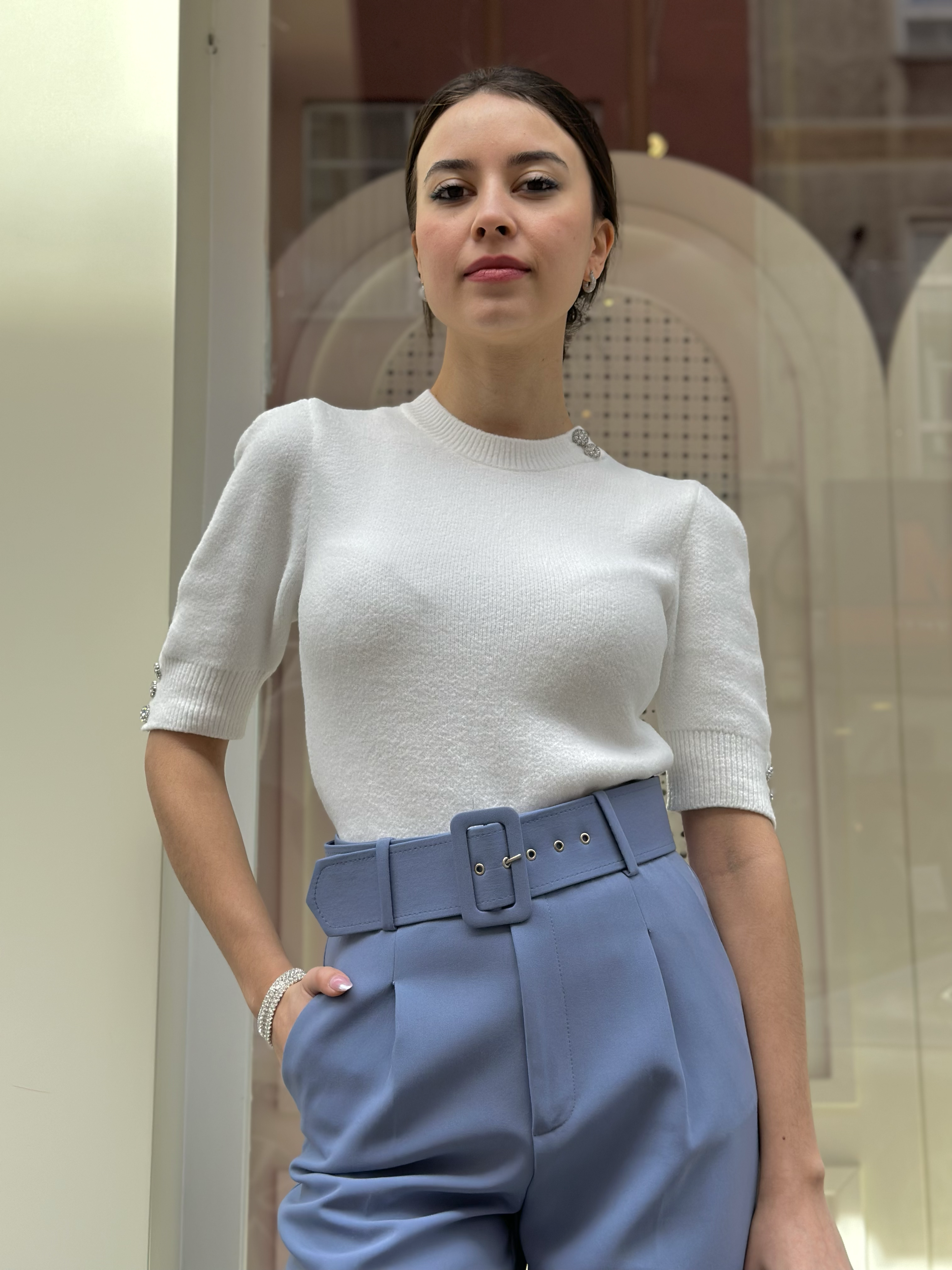 YUMOŞ KISA KOL TAŞLI TRİKO BLUZ