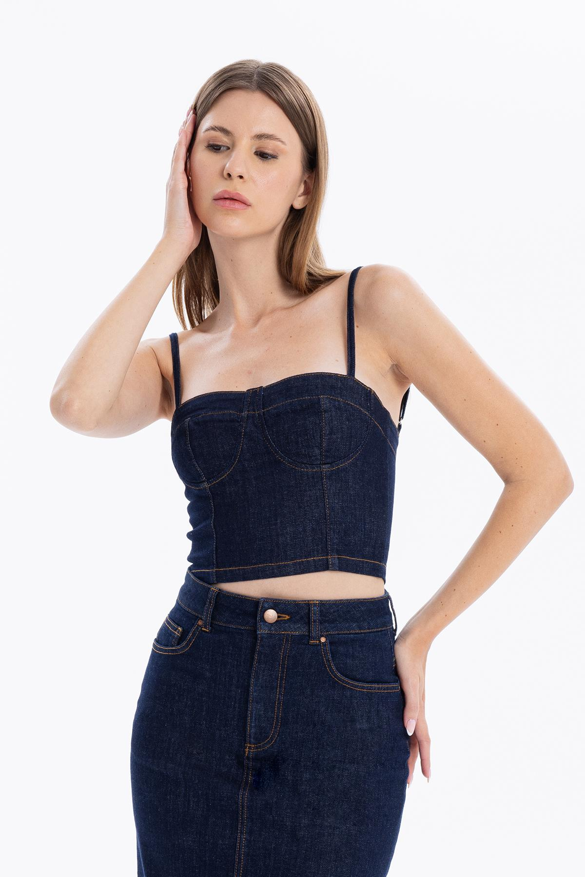 Kare Yaka Askılı Dikiş Detaylı Kadın Büstiyer