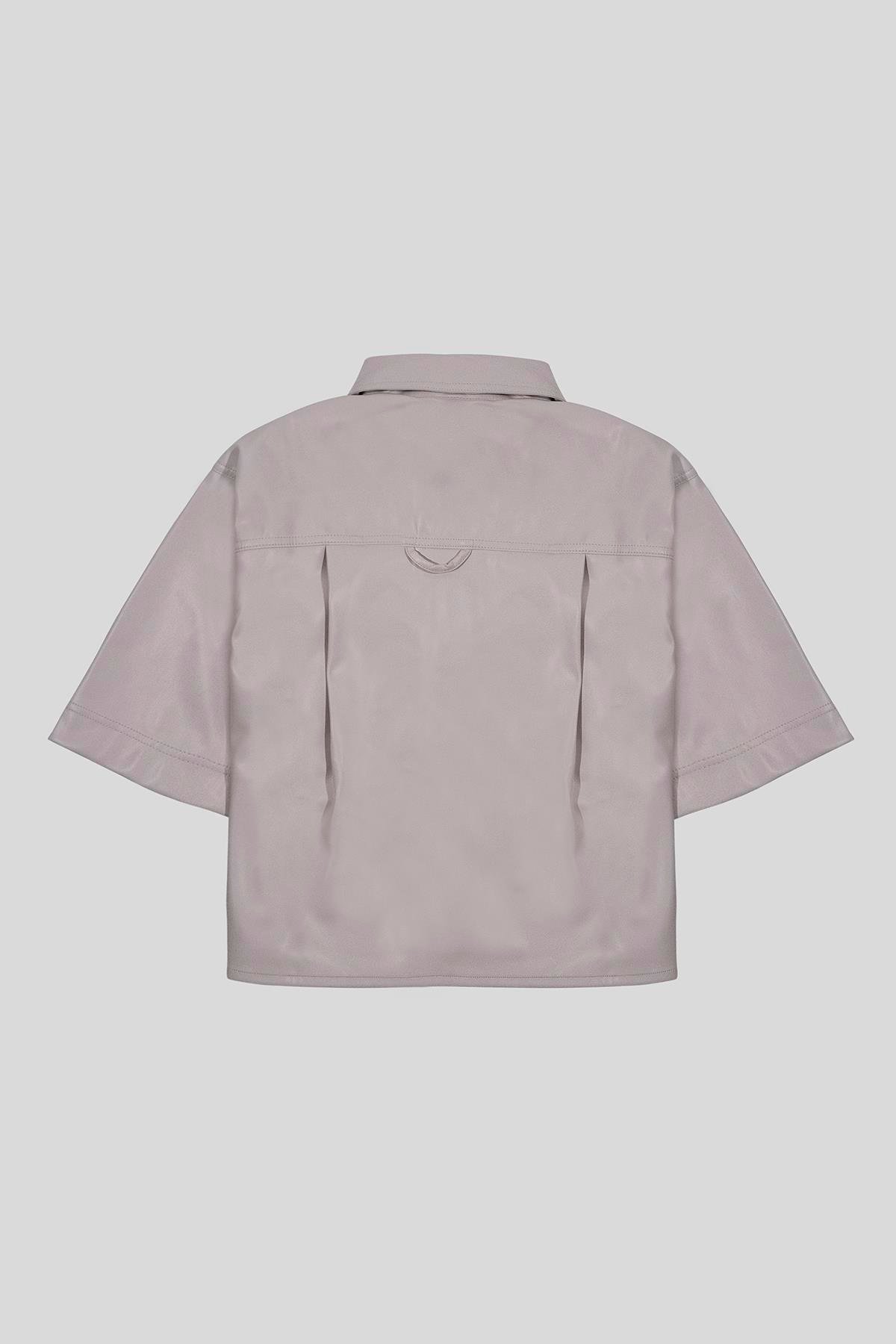 Kısa Kollu Cepli %100 Deri Kadın Gömlek