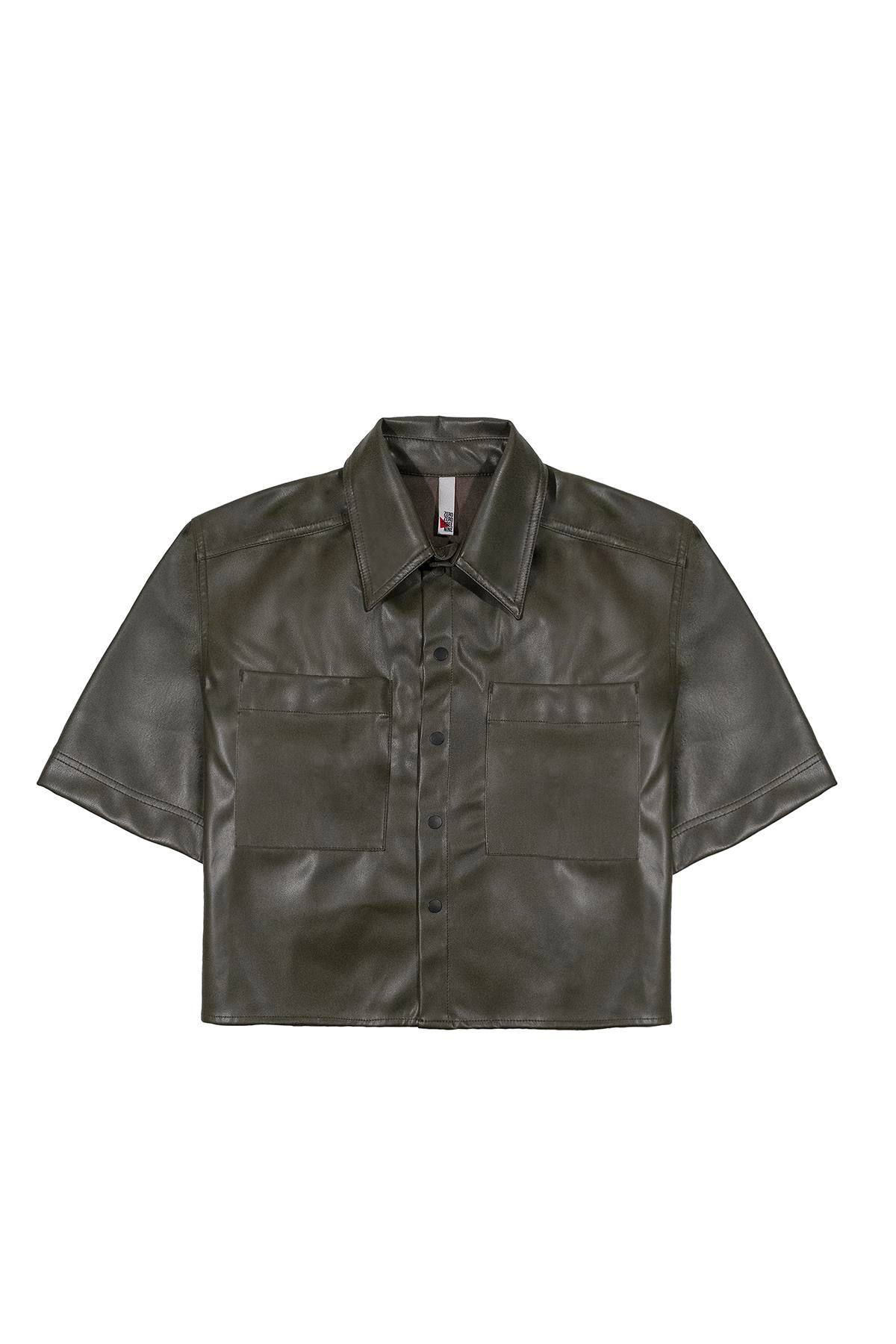 Kısa Kollu Cepli %100 Deri Kadın Gömlek