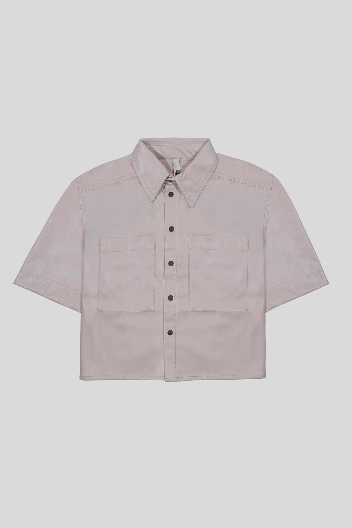 Kısa Kollu Cepli %100 Deri Kadın Gömlek