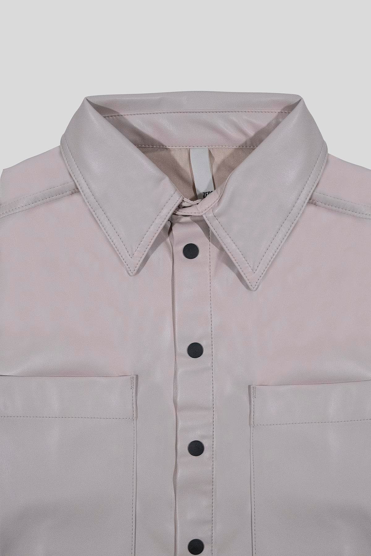 Kısa Kollu Cepli %100 Deri Kadın Gömlek