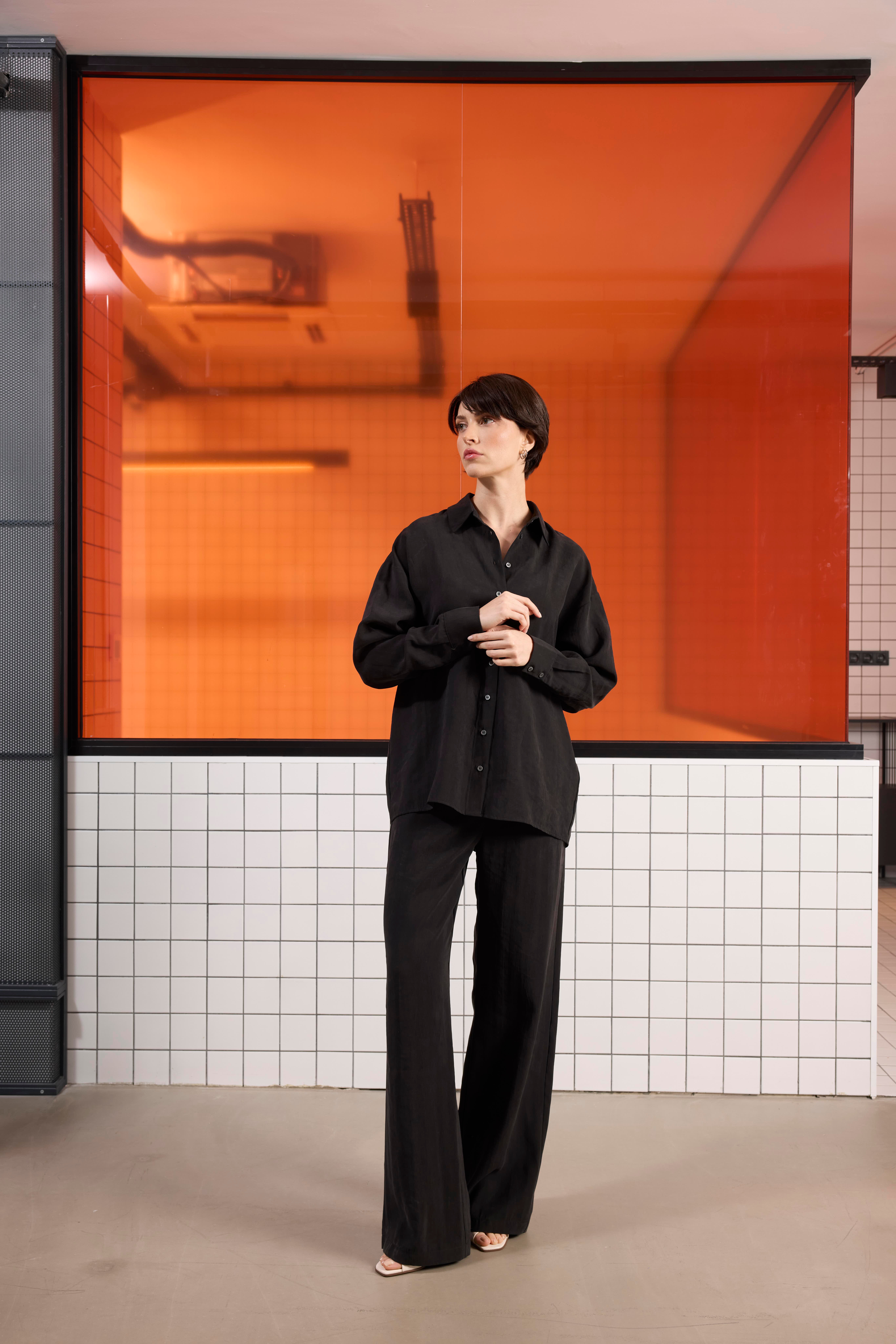 Oversize %100 Keten Uzun Kollu Kadın Gömlek