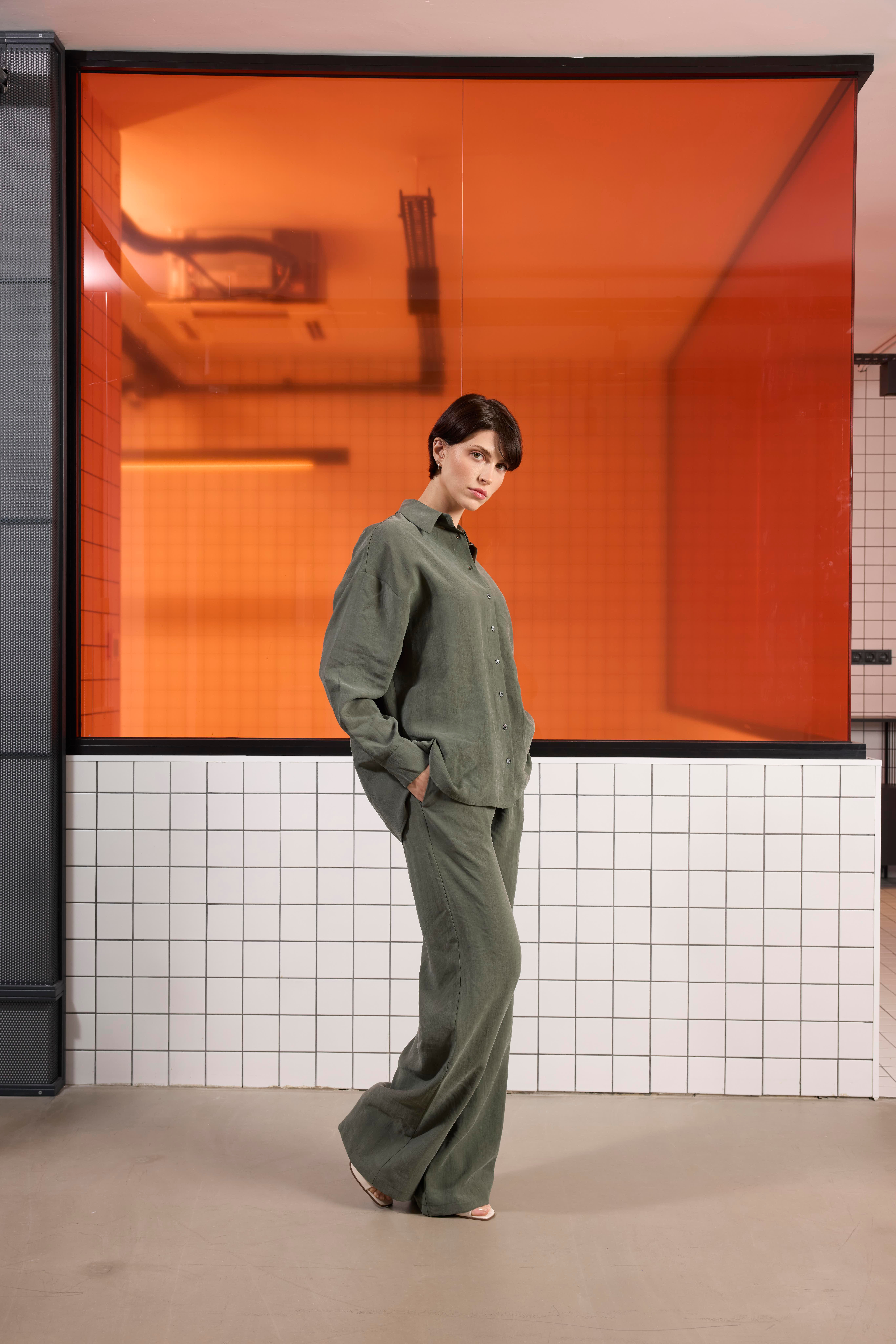 Oversize %100 Keten Uzun Kollu Kadın Gömlek