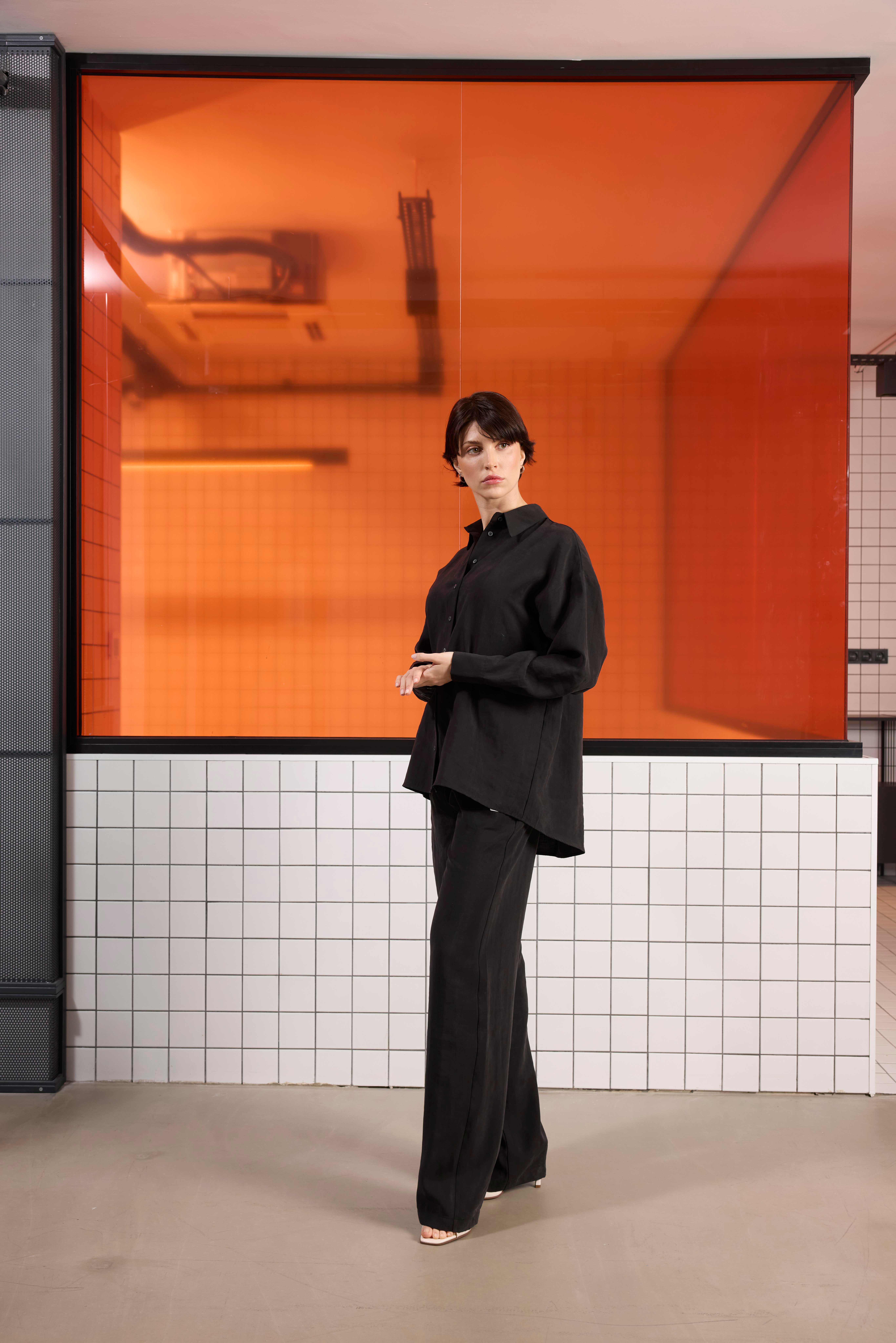 Oversize %100 Keten Uzun Kollu Kadın Gömlek