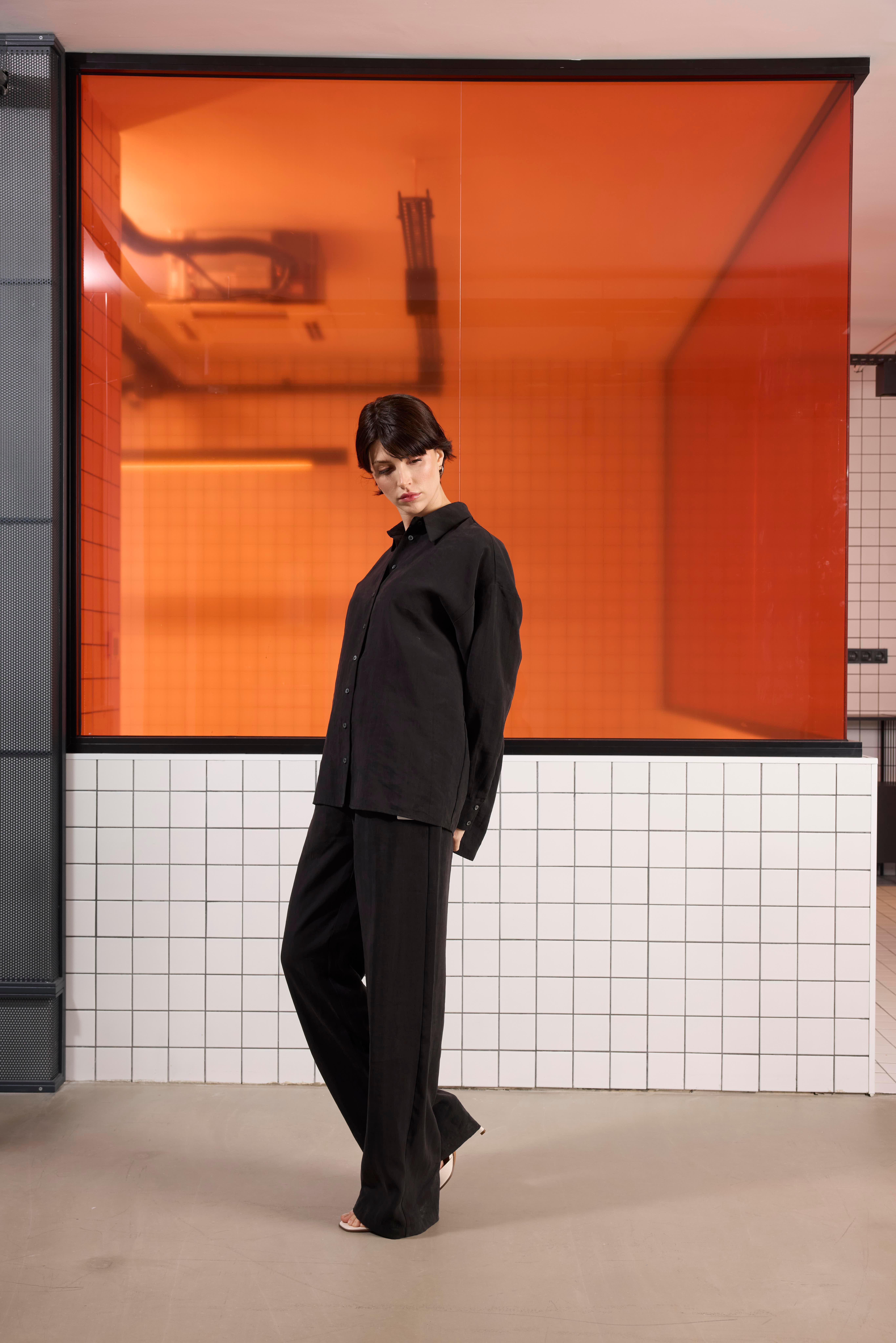 Oversize %100 Keten Uzun Kollu Kadın Gömlek