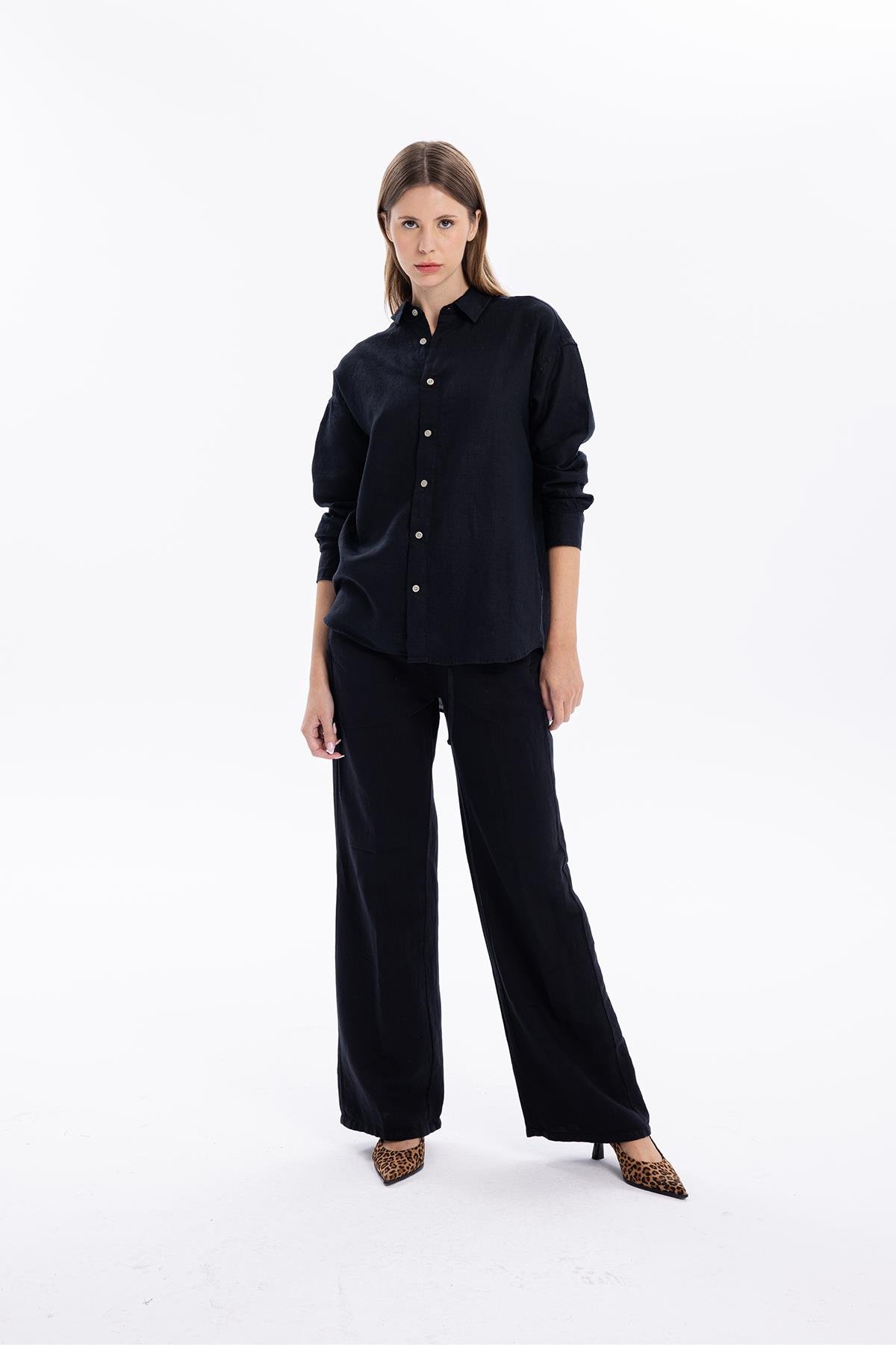 Oversize %100 Keten Uzun Kollu Kadın Gömlek