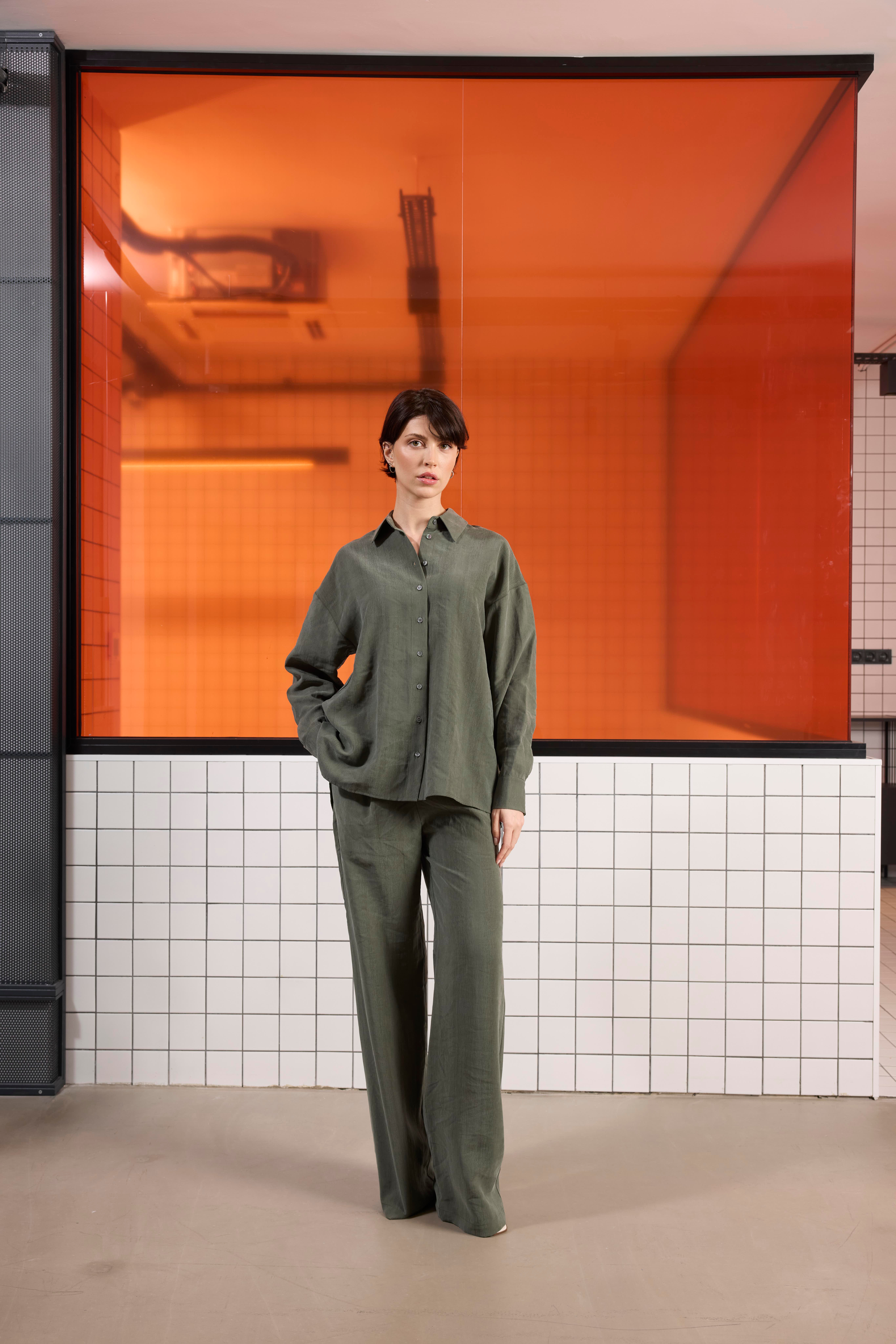 Oversize %100 Keten Uzun Kollu Kadın Gömlek