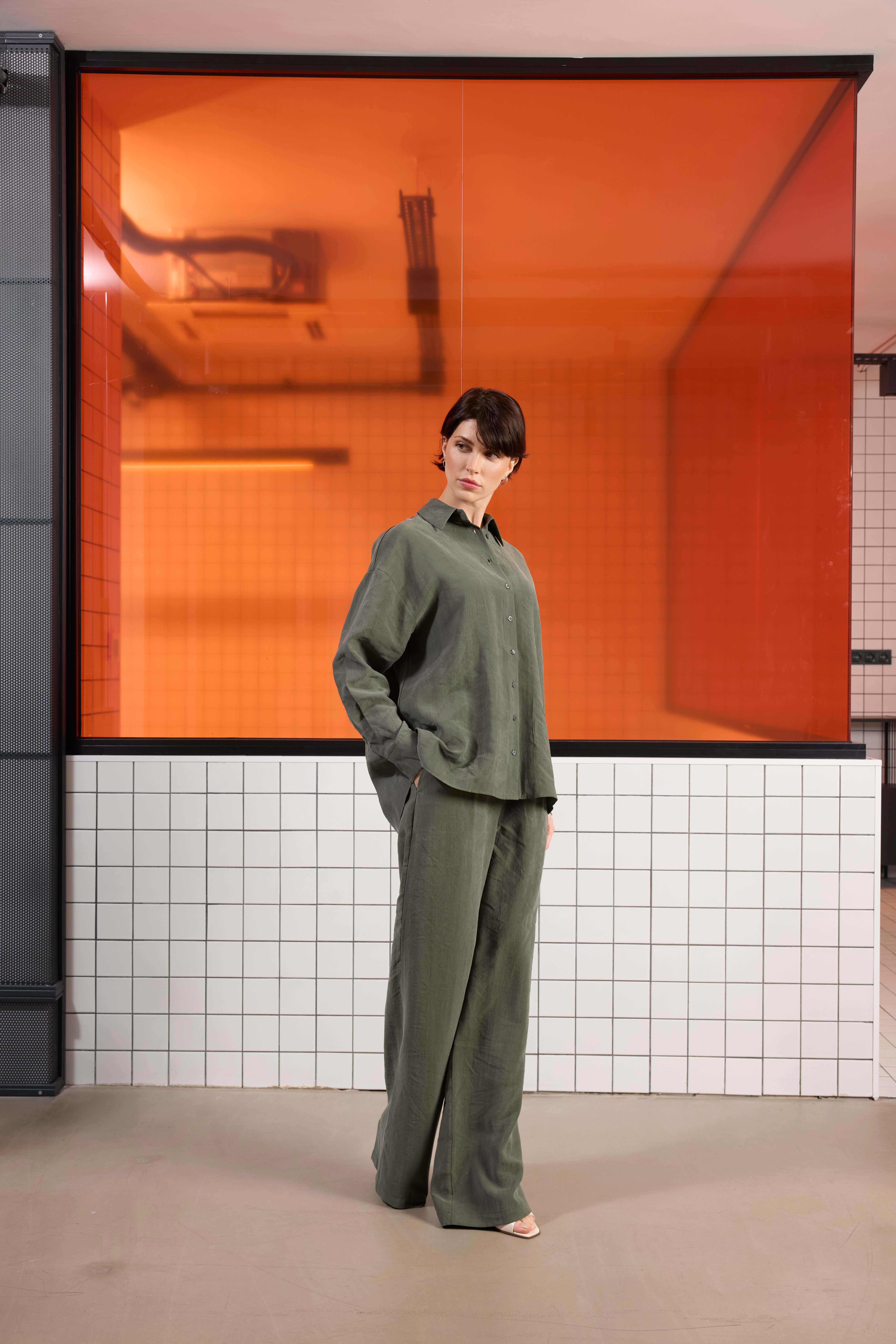 Oversize %100 Keten Uzun Kollu Kadın Gömlek