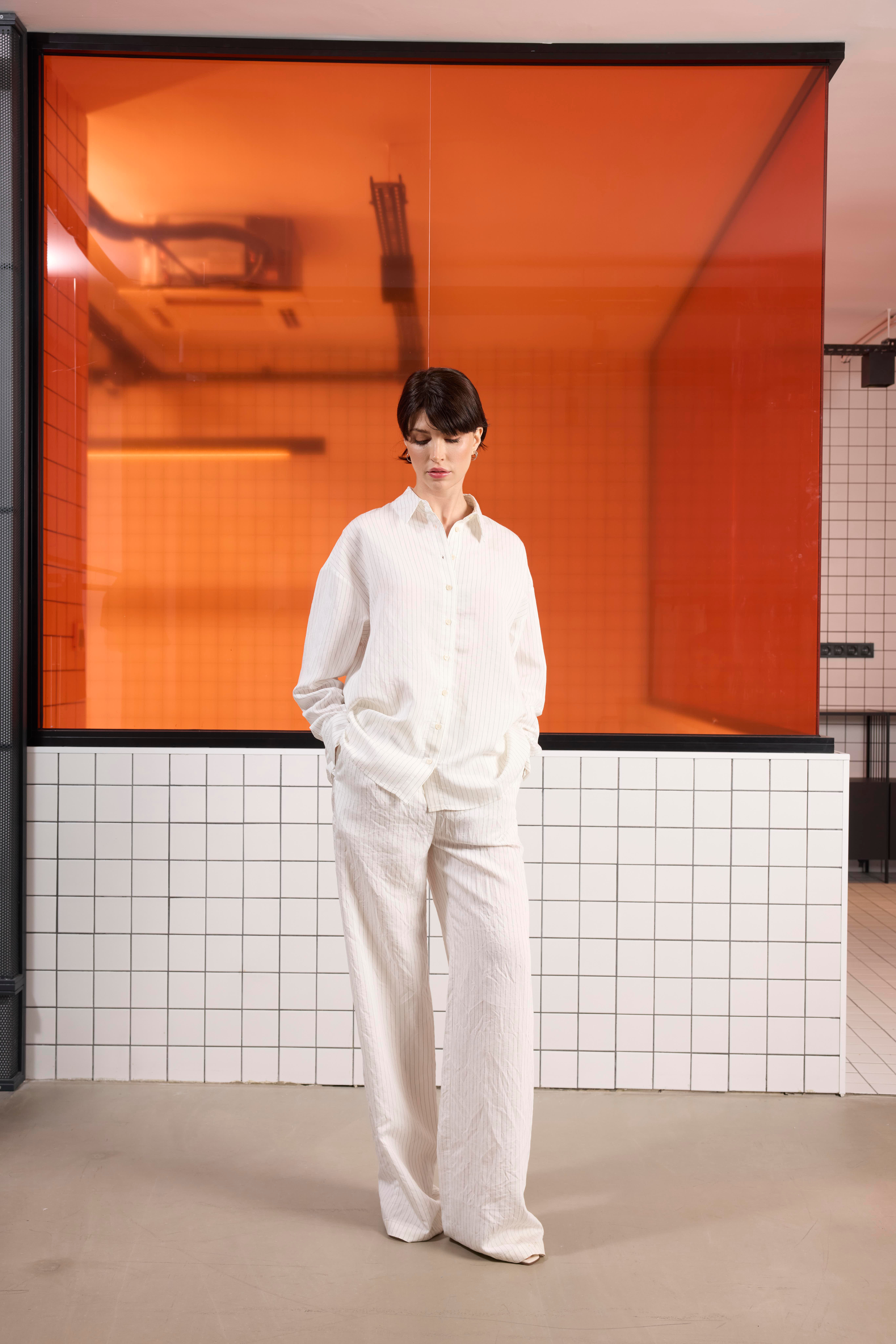 Oversize %100 Keten Uzun Kollu Kadın Gömlek