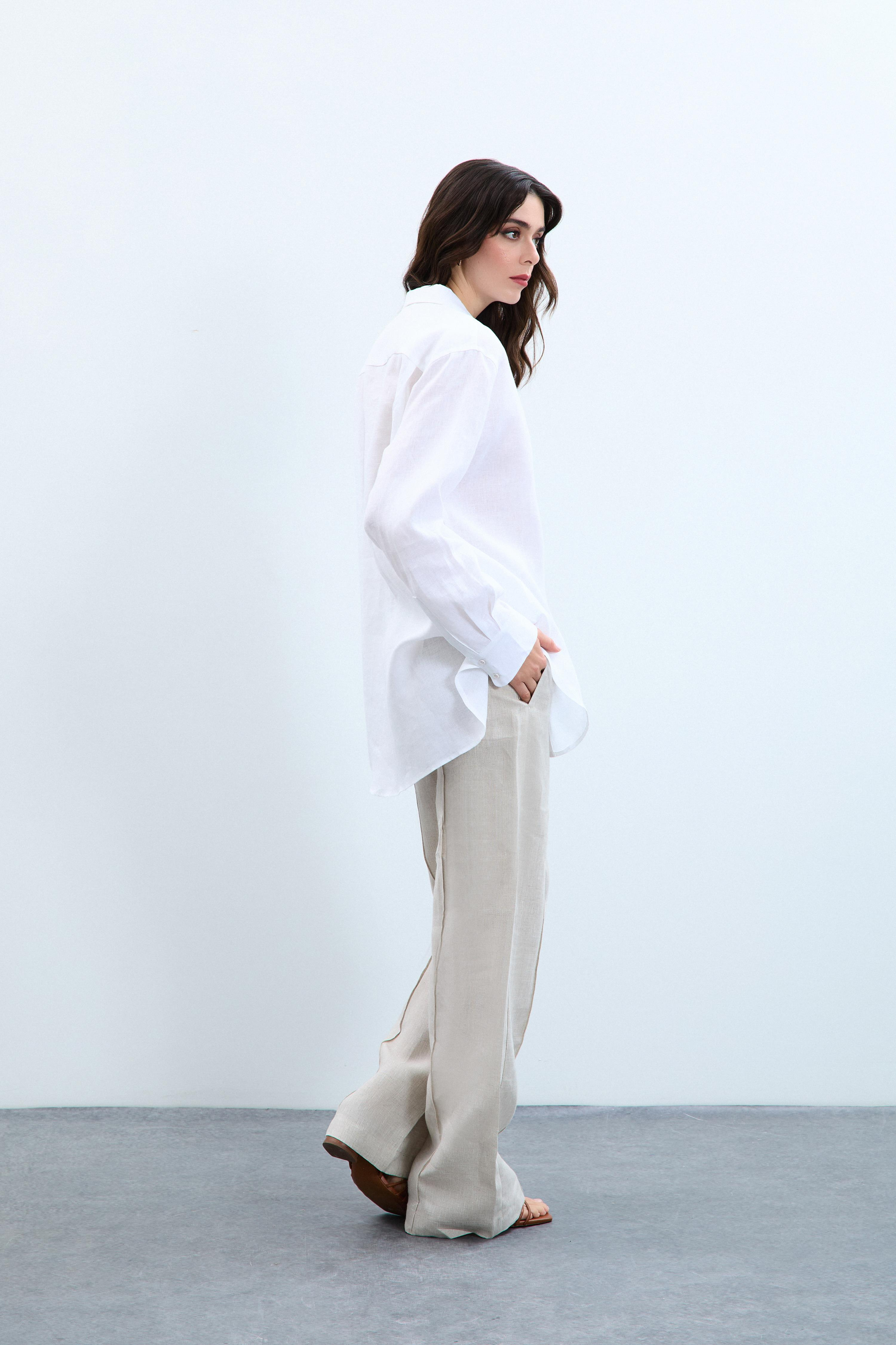 % 100 Keten Oversize Gömlek