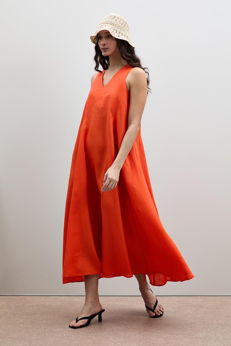 Плиссированное Миди-Платье Из 100% Льна