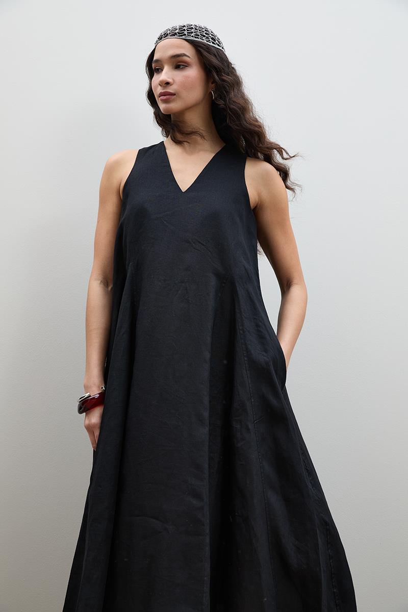 Плиссированное Миди-Платье Из 100% Льна