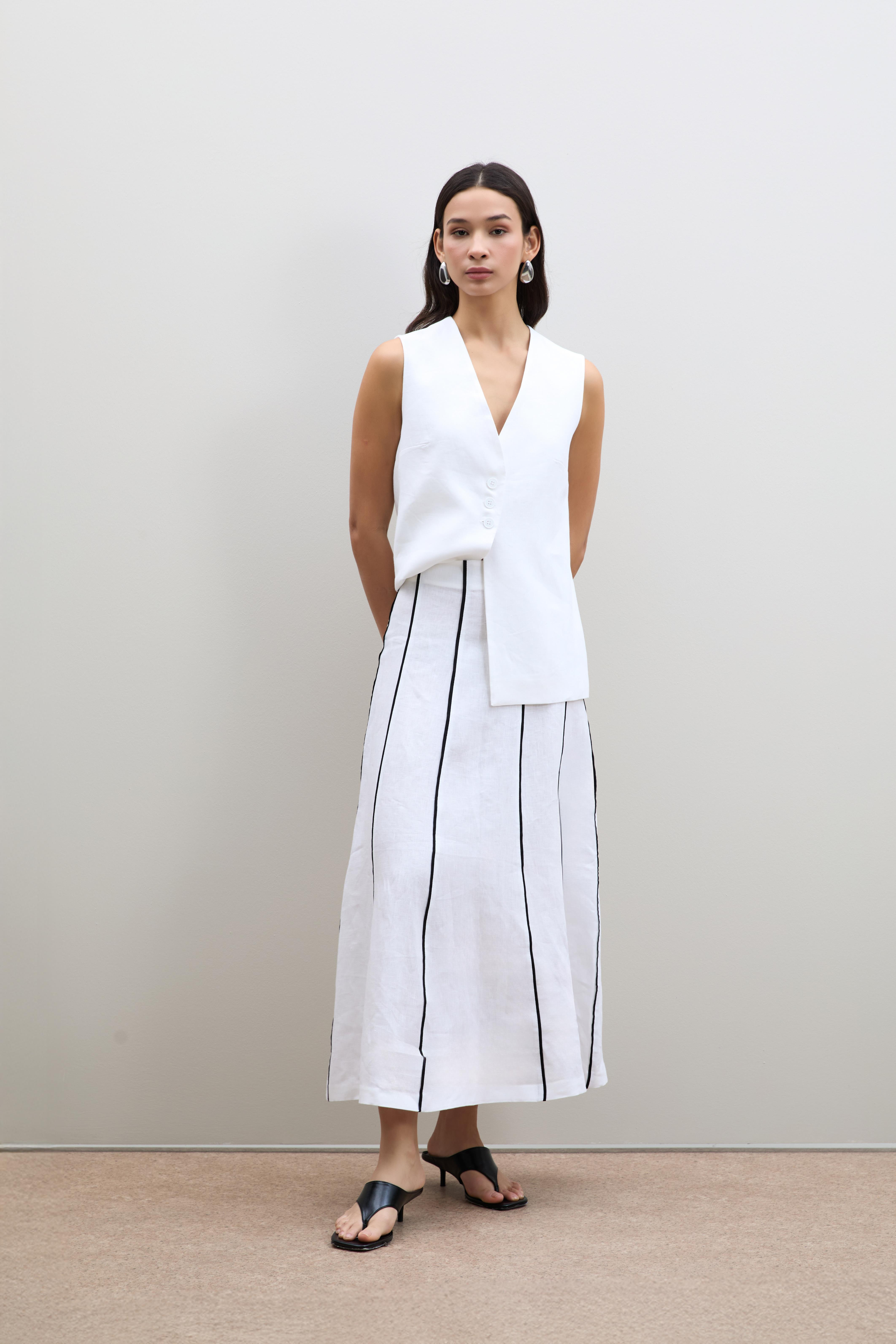 %100 Keten Çizgili Midi Etek