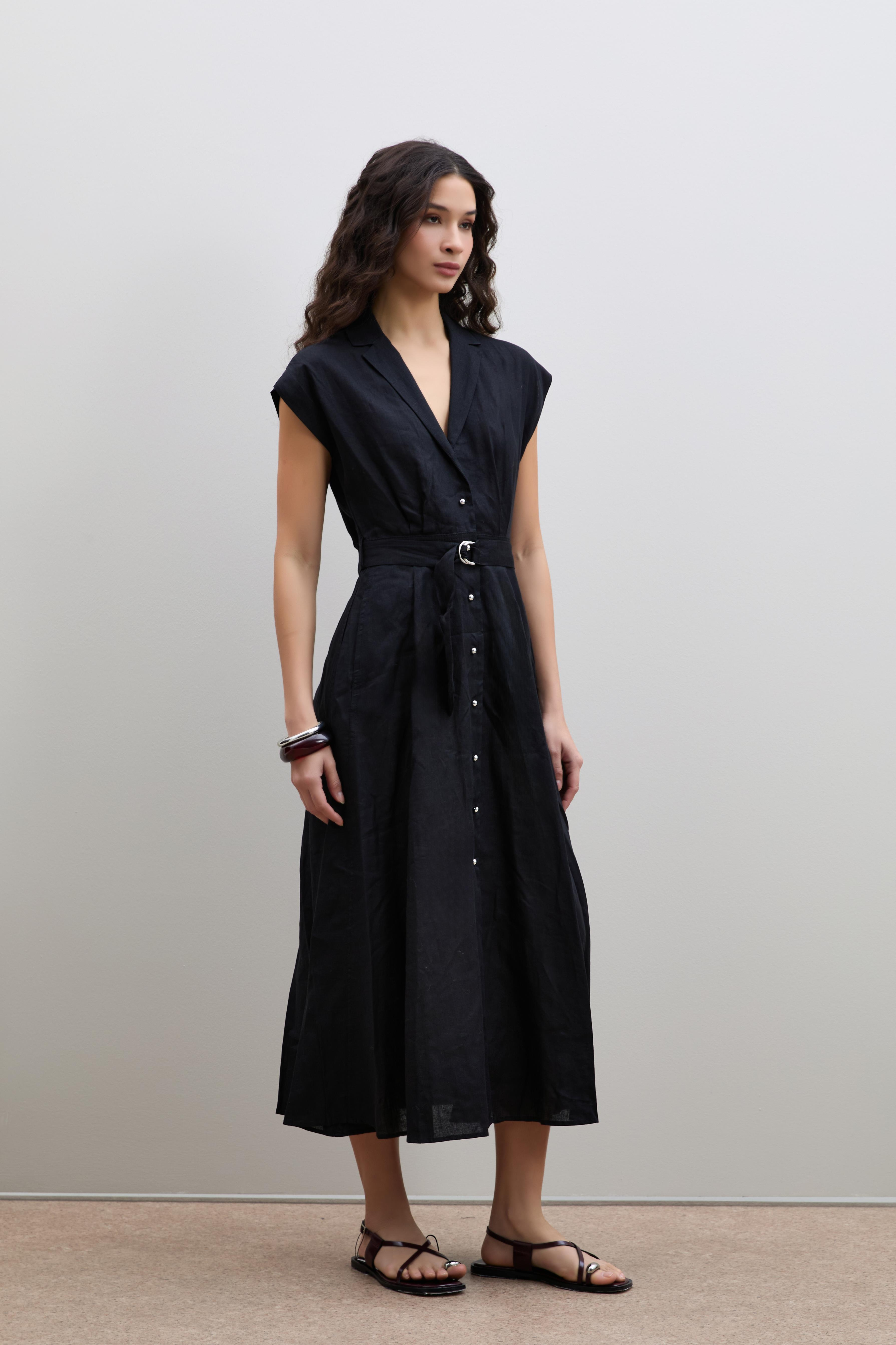 %100 Keten Düğme Detaylı Gömlek Elbise