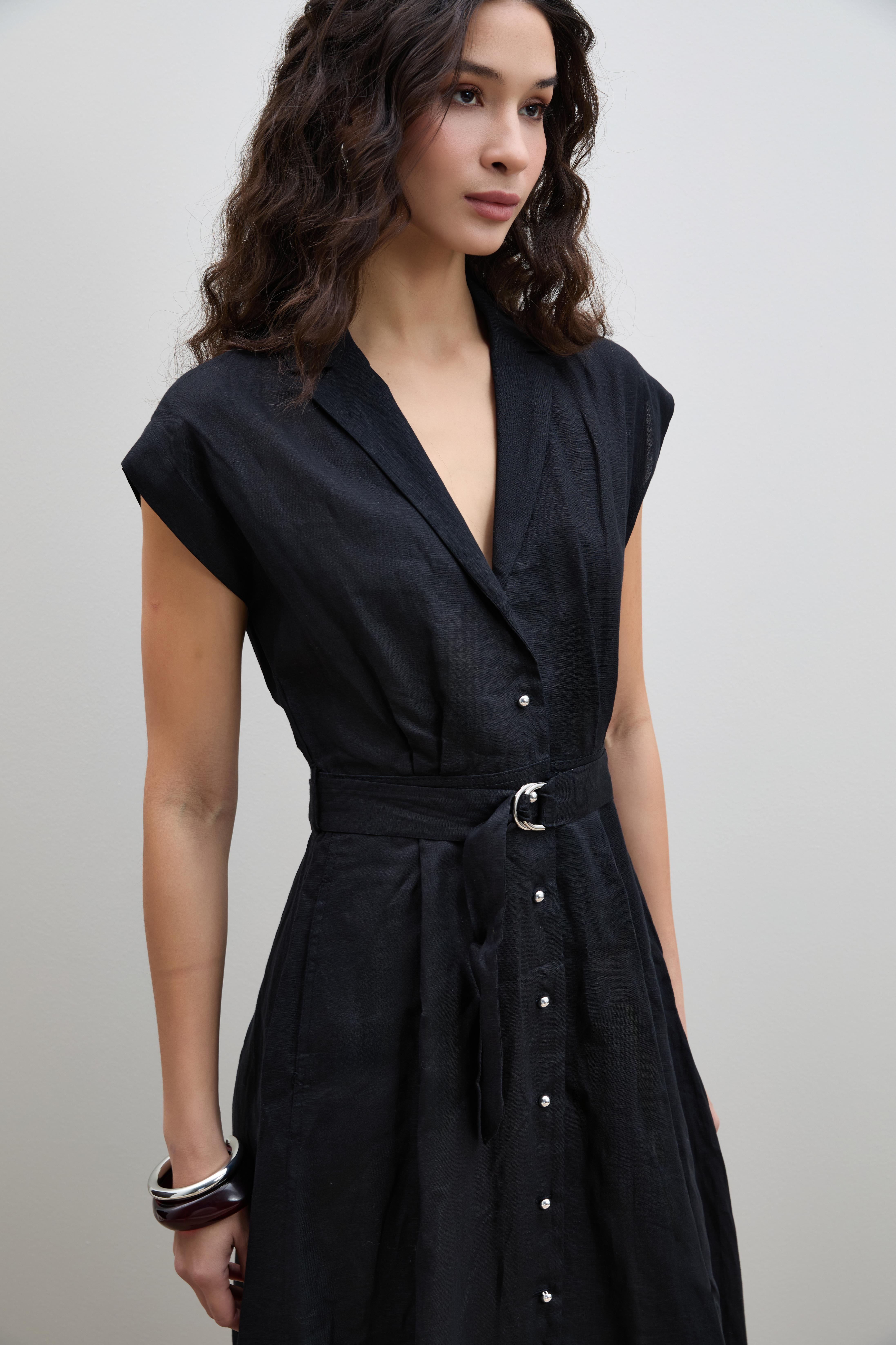 %100 Keten Düğme Detaylı Gömlek Elbise