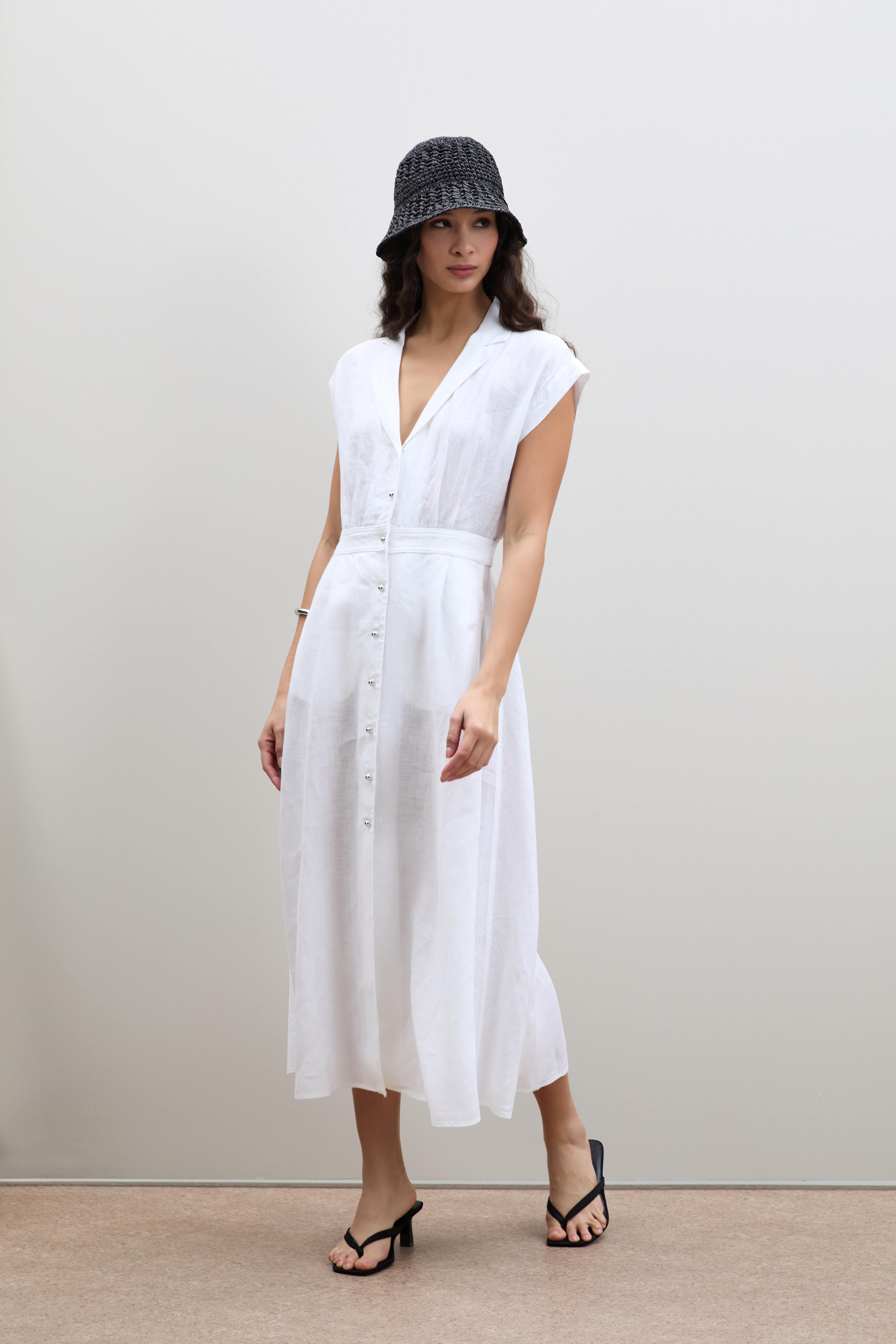 %100 Keten Düğme Detaylı Gömlek Elbise