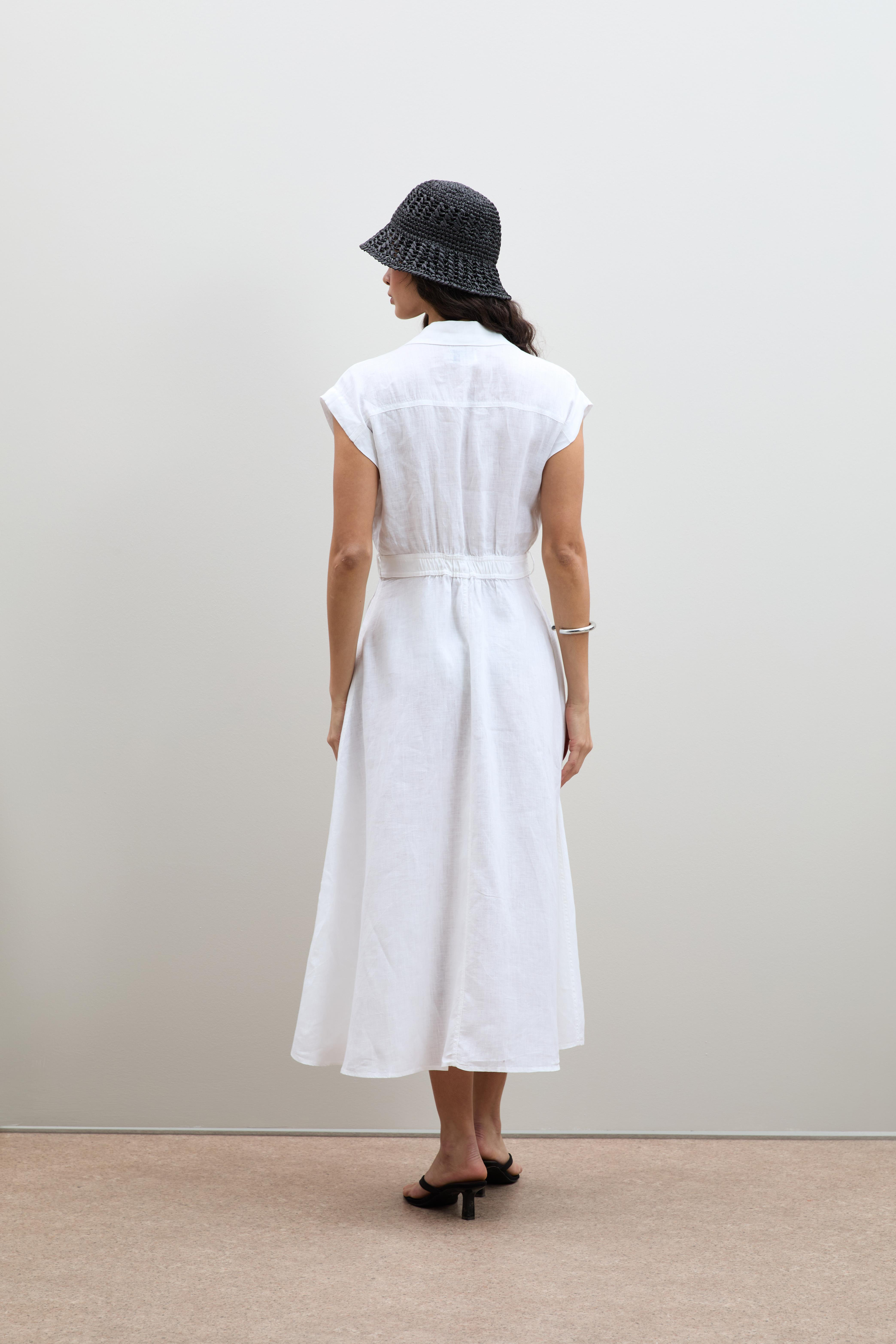 %100 Keten Düğme Detaylı Gömlek Elbise