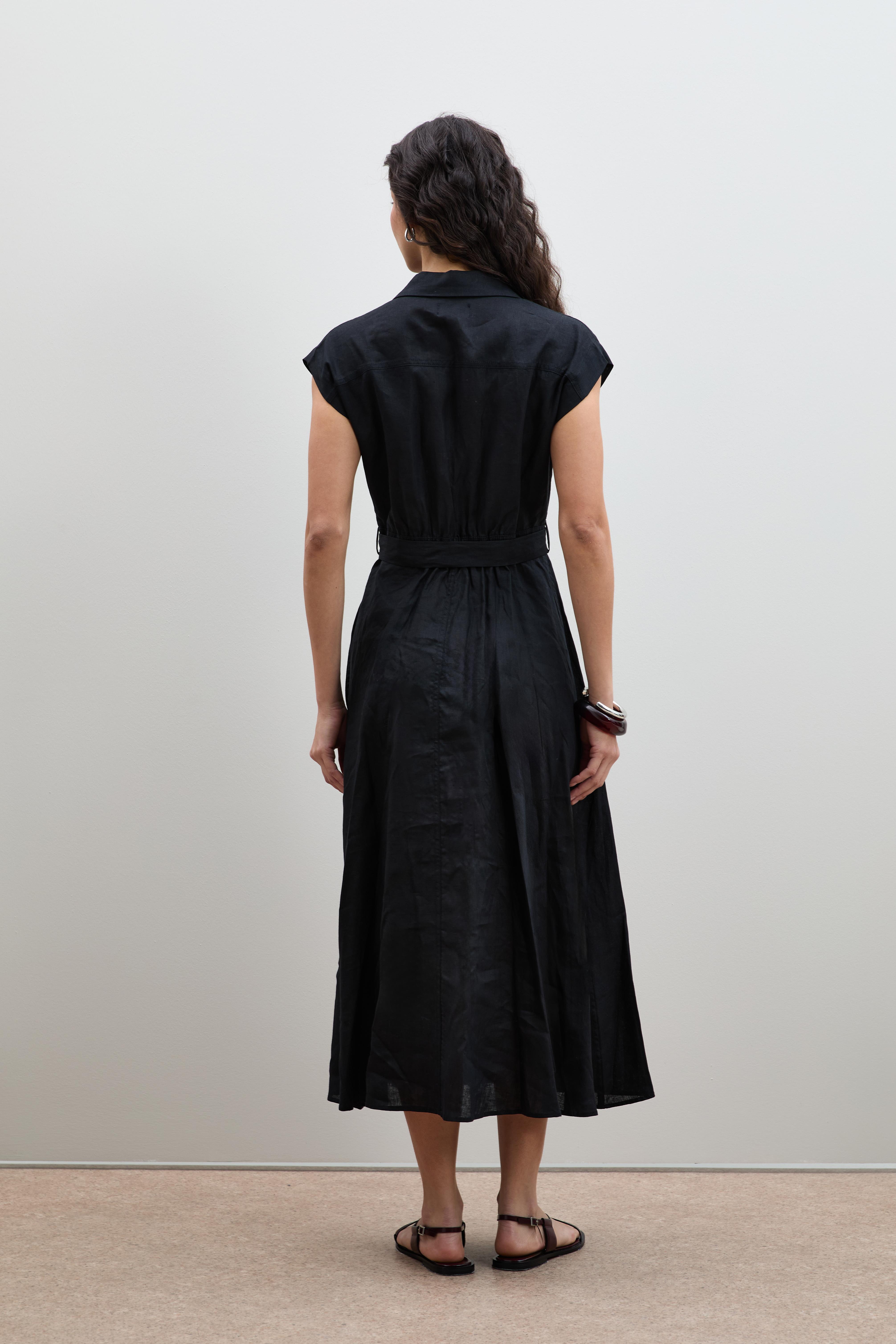 %100 Keten Düğme Detaylı Gömlek Elbise