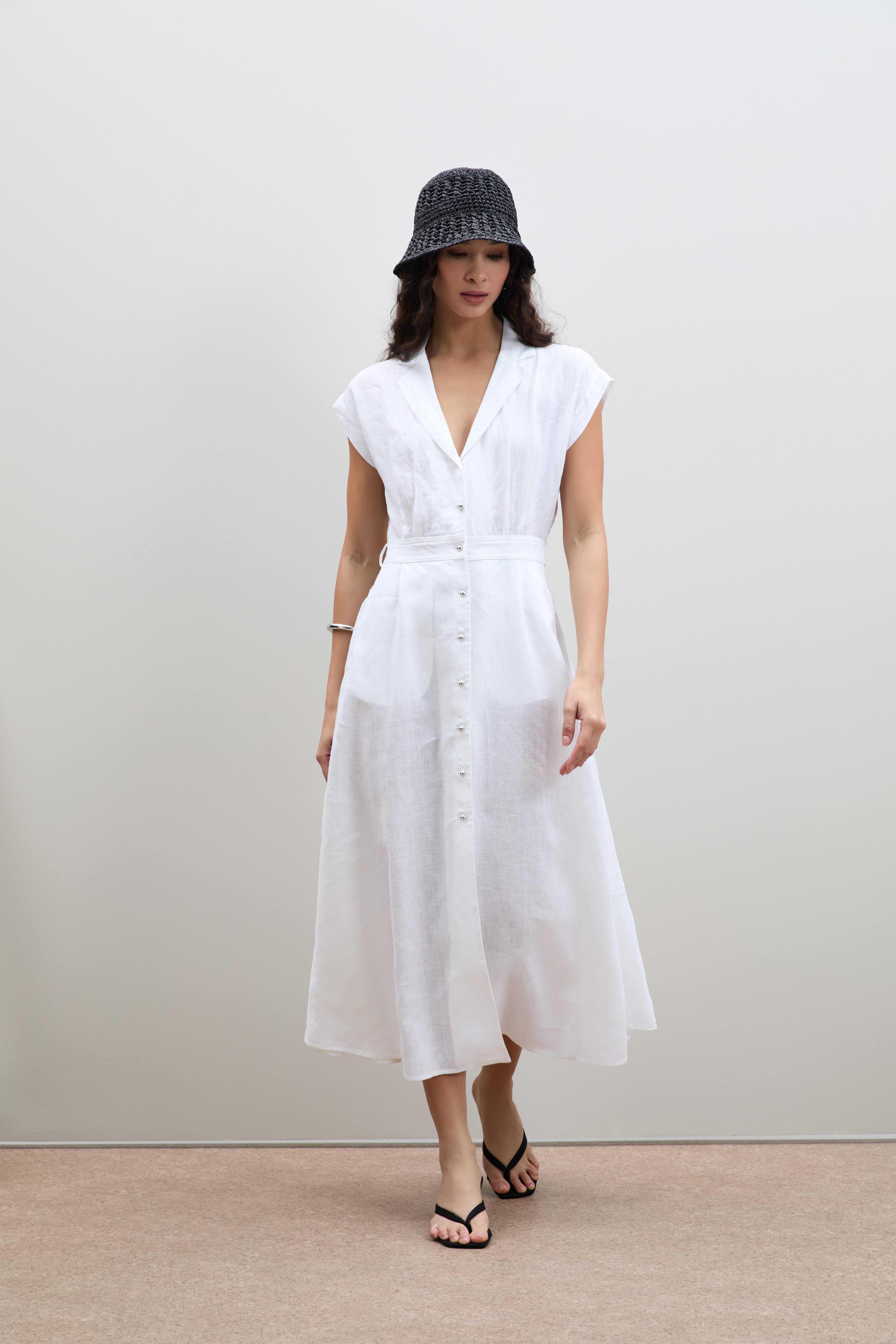 %100 Keten Düğme Detaylı Gömlek Elbise