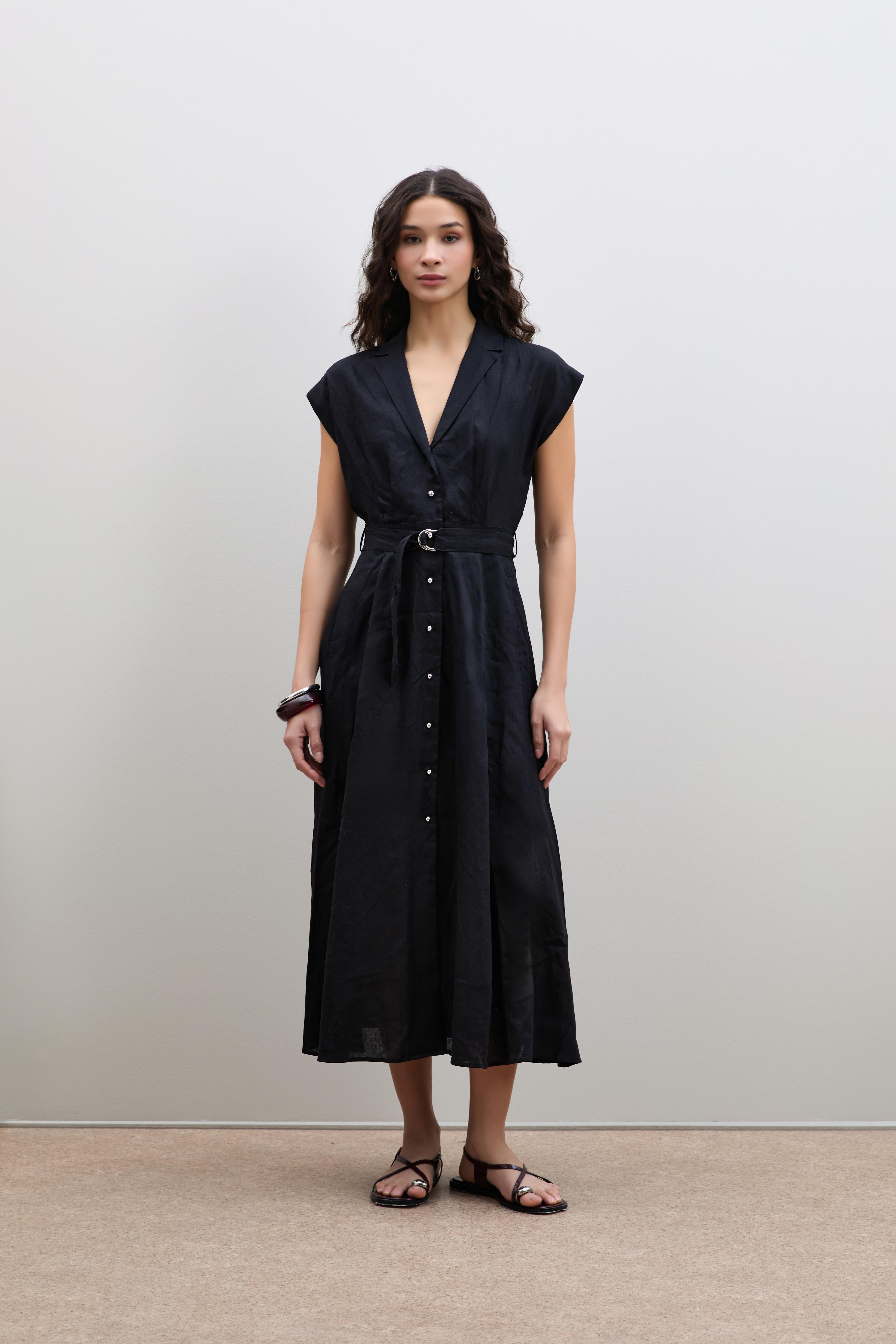 %100 Keten Düğme Detaylı Gömlek Elbise