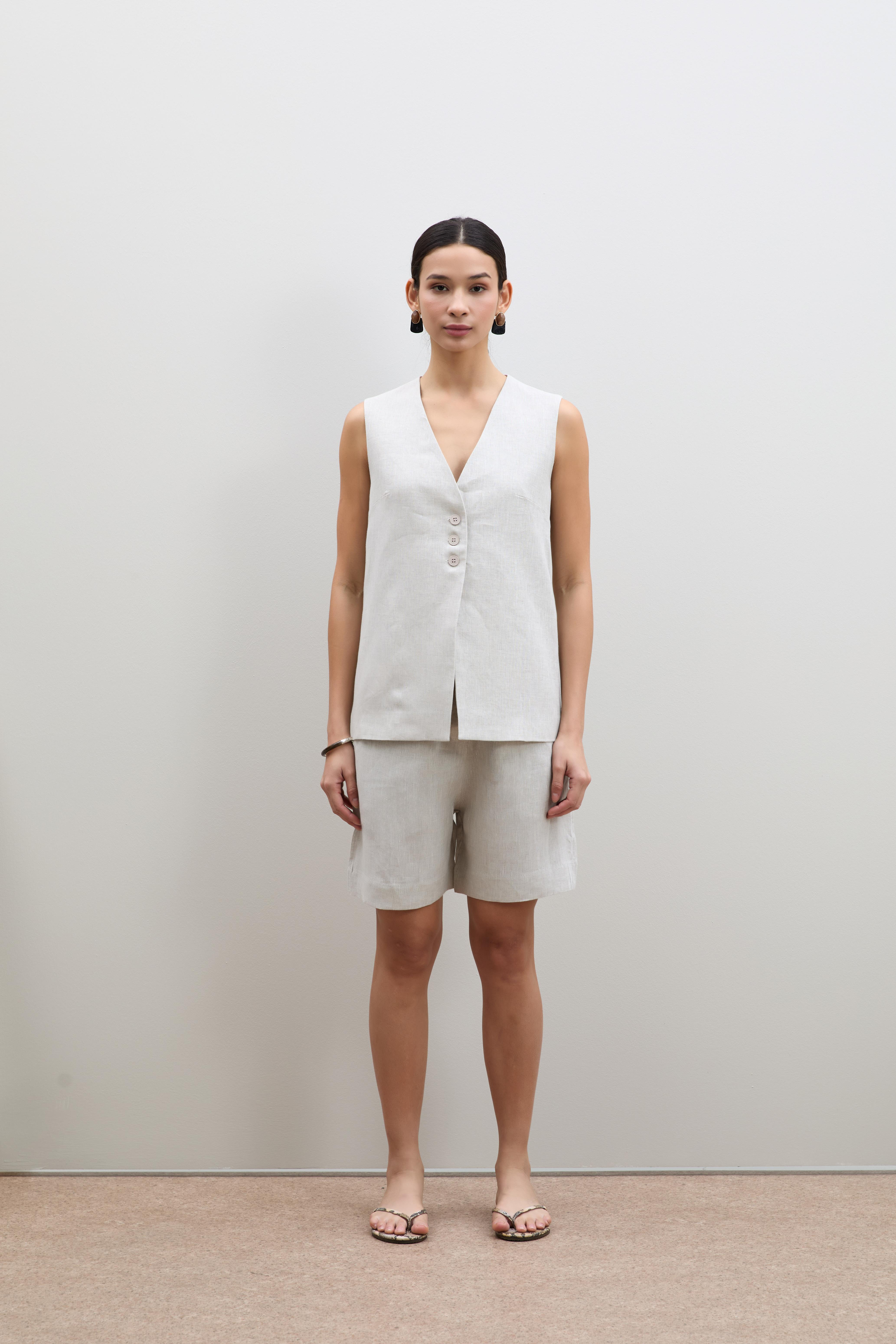 %100 Keten Düğme Detaylı Yelek