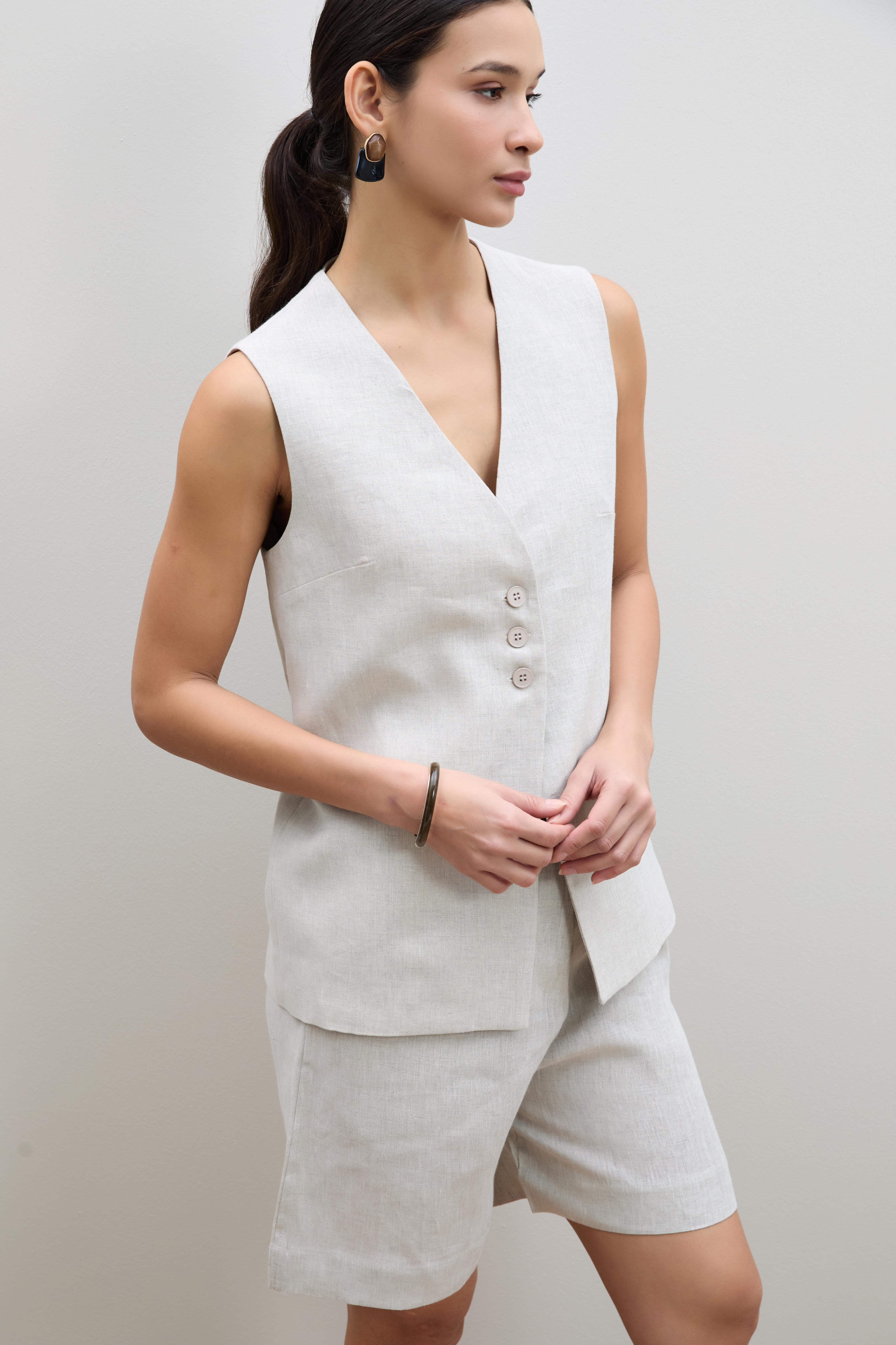 %100 Keten Düğme Detaylı Yelek