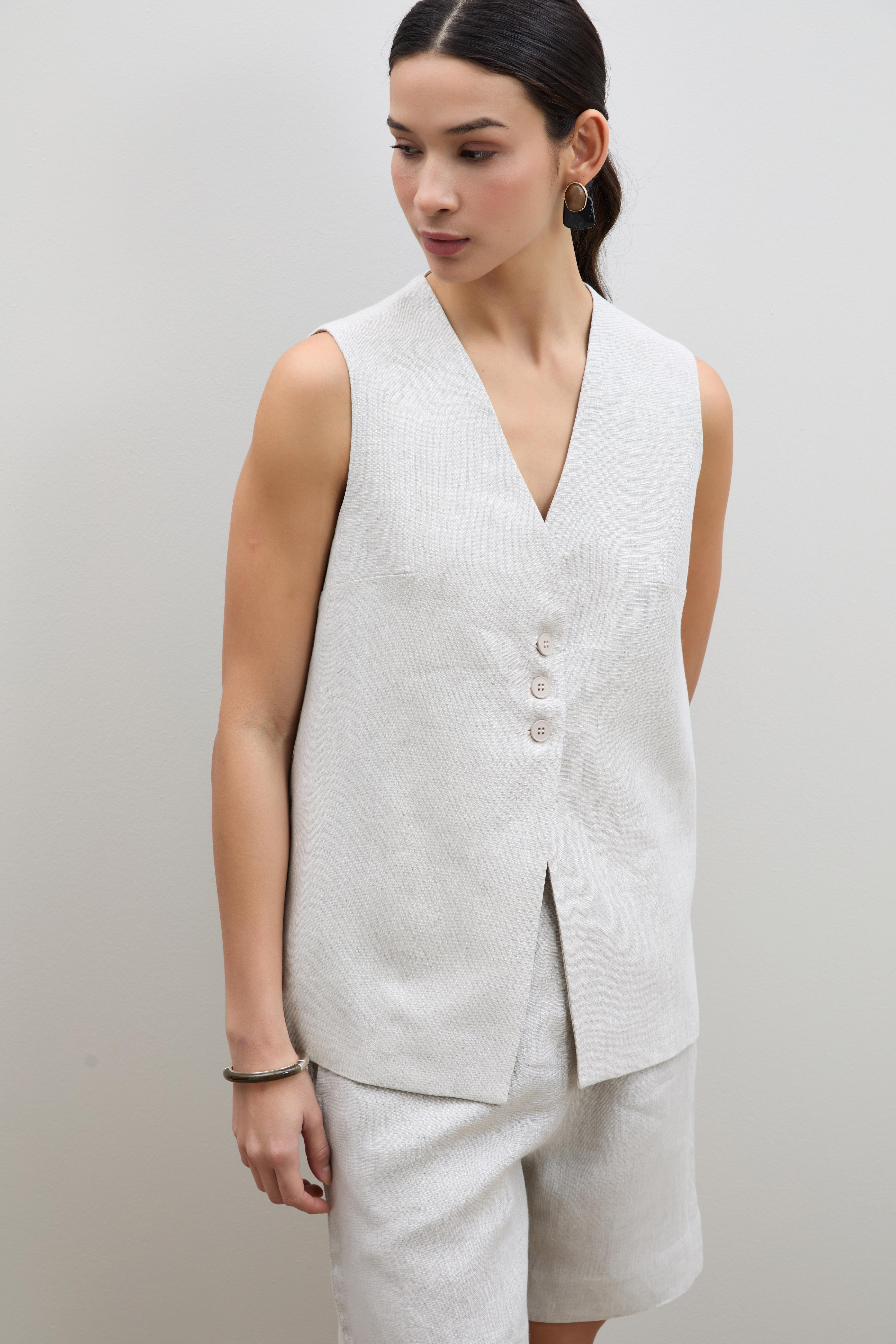 %100 Keten Düğme Detaylı Yelek