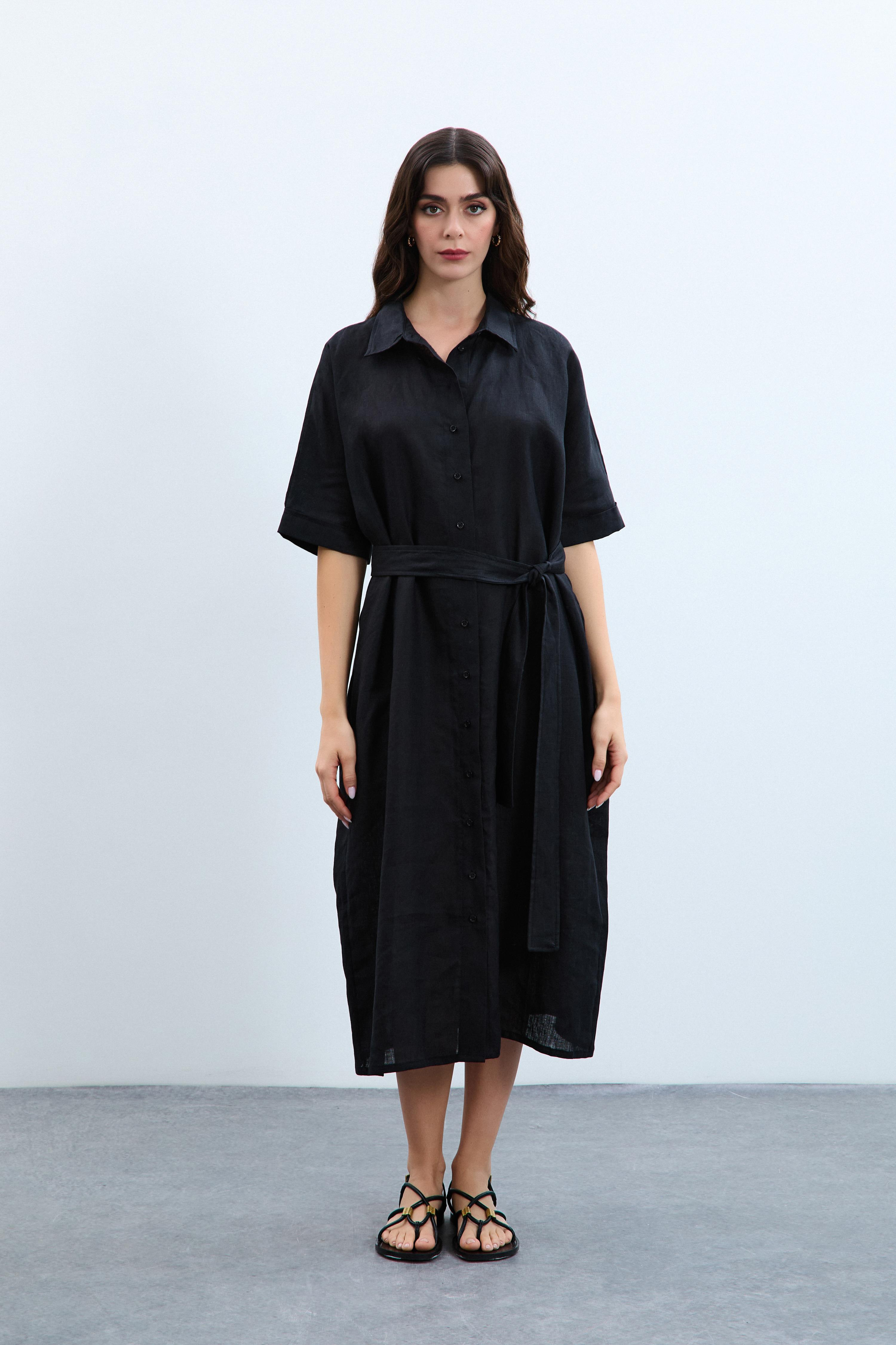 %100 Keten Düğmeli Polo Yaka Oversize  Elbise
