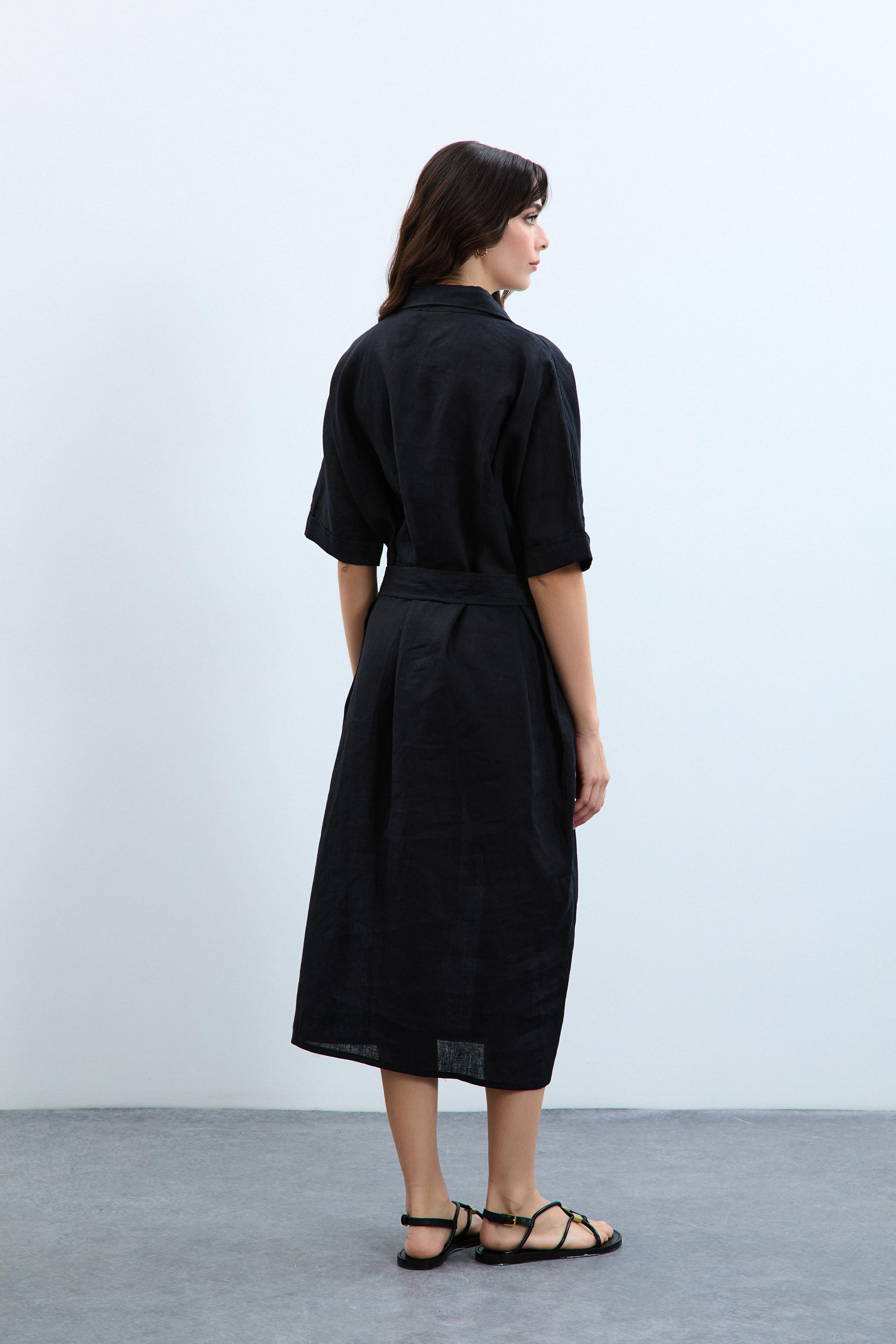 %100 Keten Düğmeli Polo Yaka Oversize  Elbise