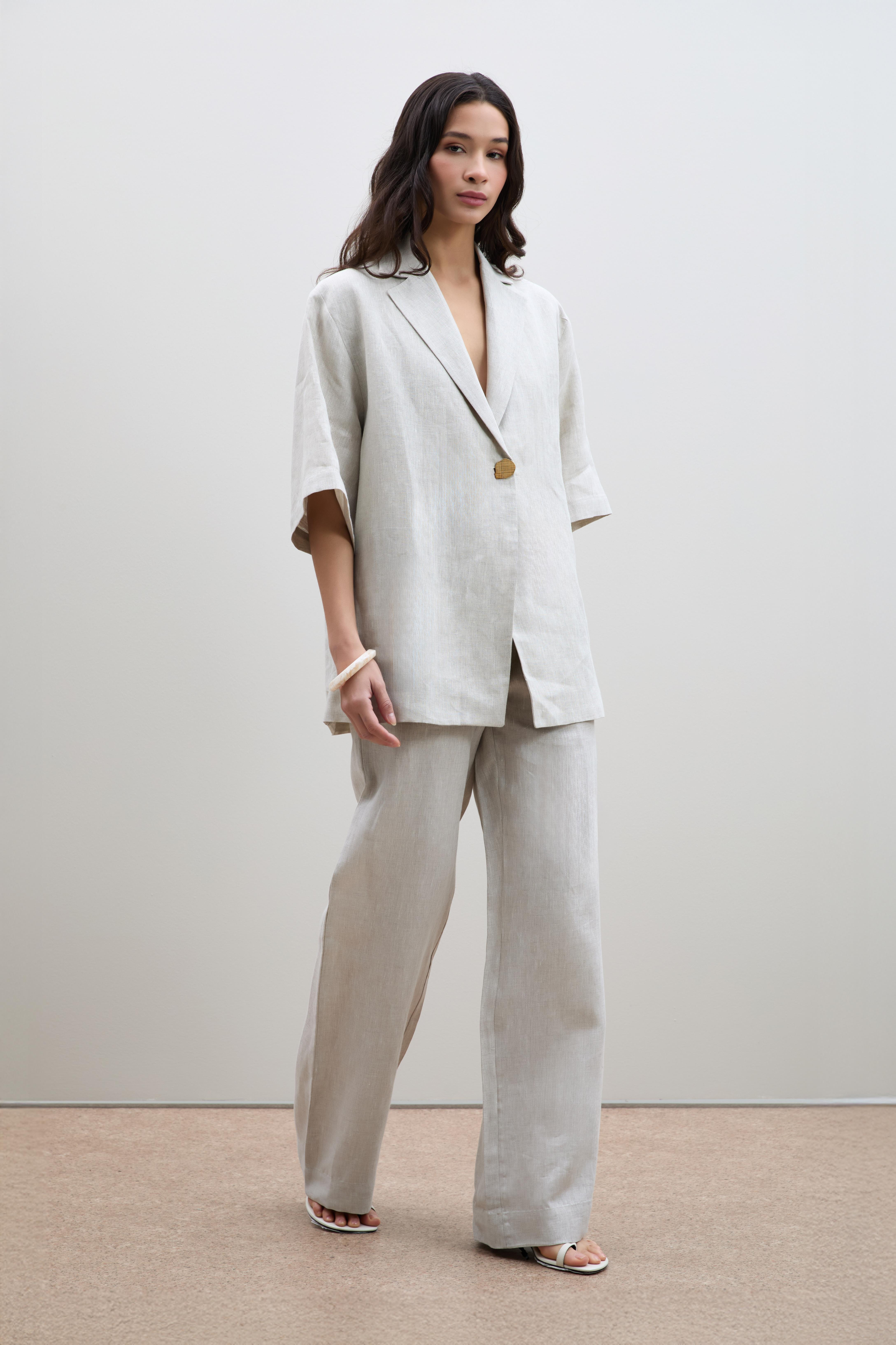 %100 Keten Düz Kesim Pantolon