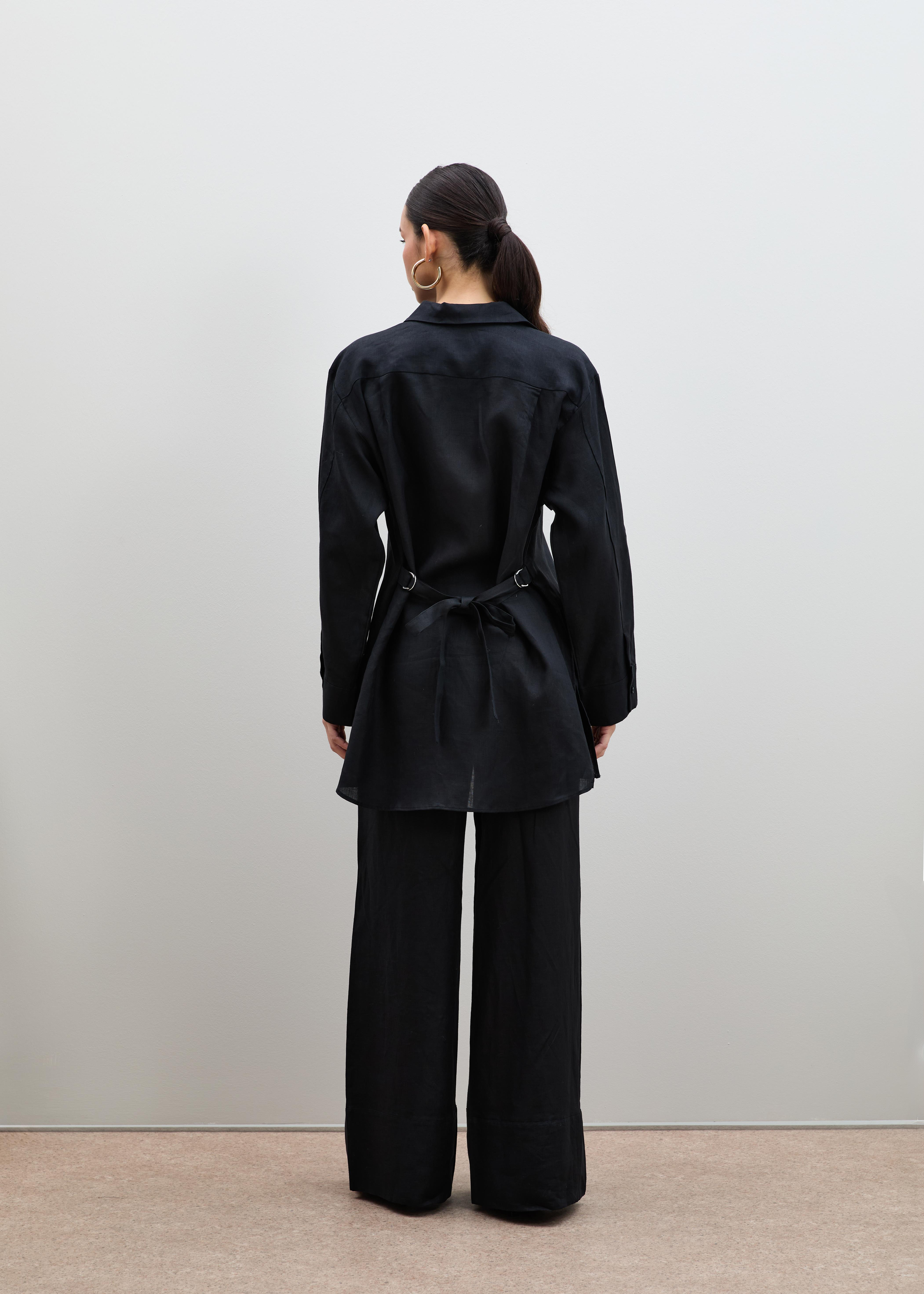 %100 Keten Kuşak Detaylı Oversize Gömlek