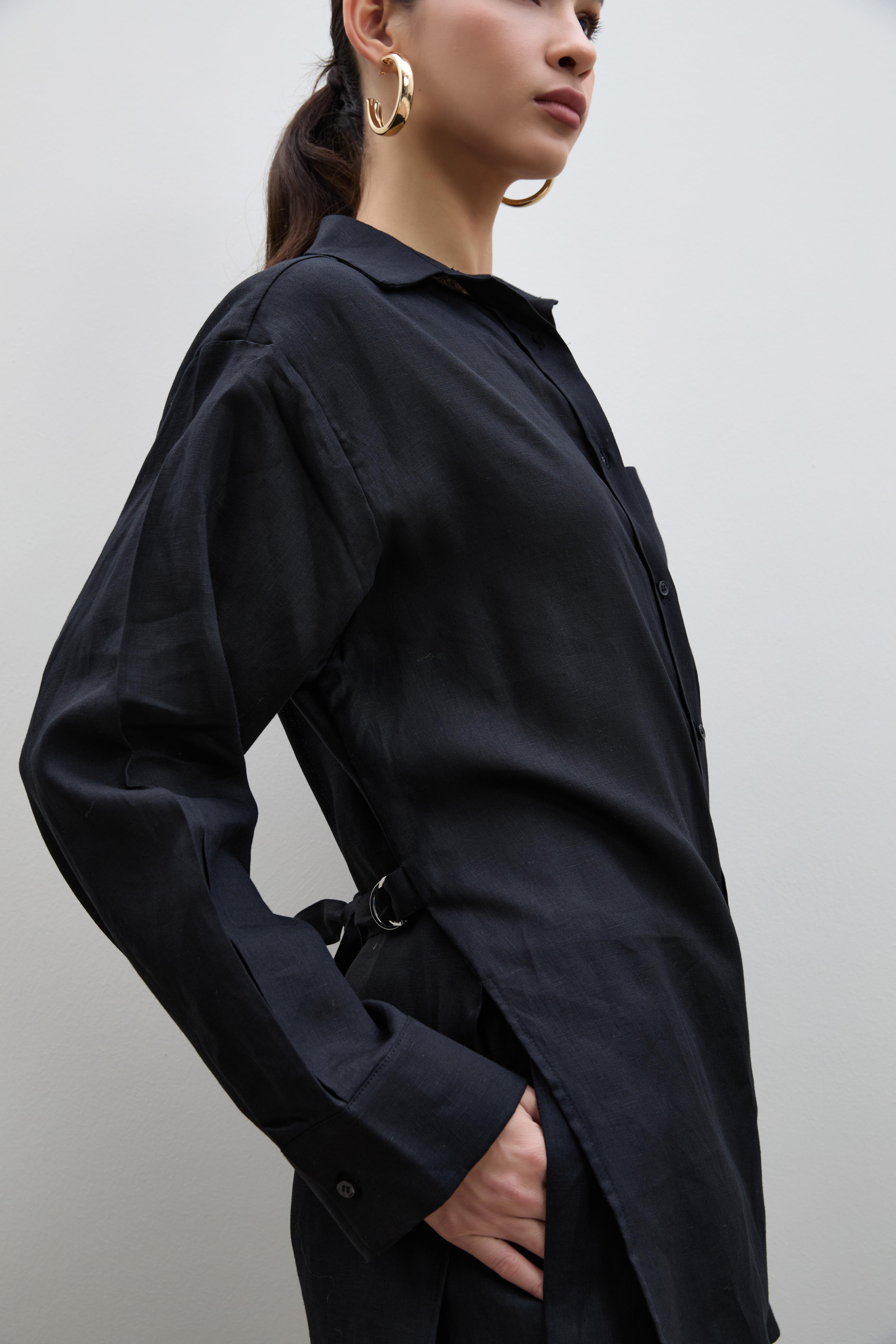 %100 Keten Kuşak Detaylı Oversize Gömlek