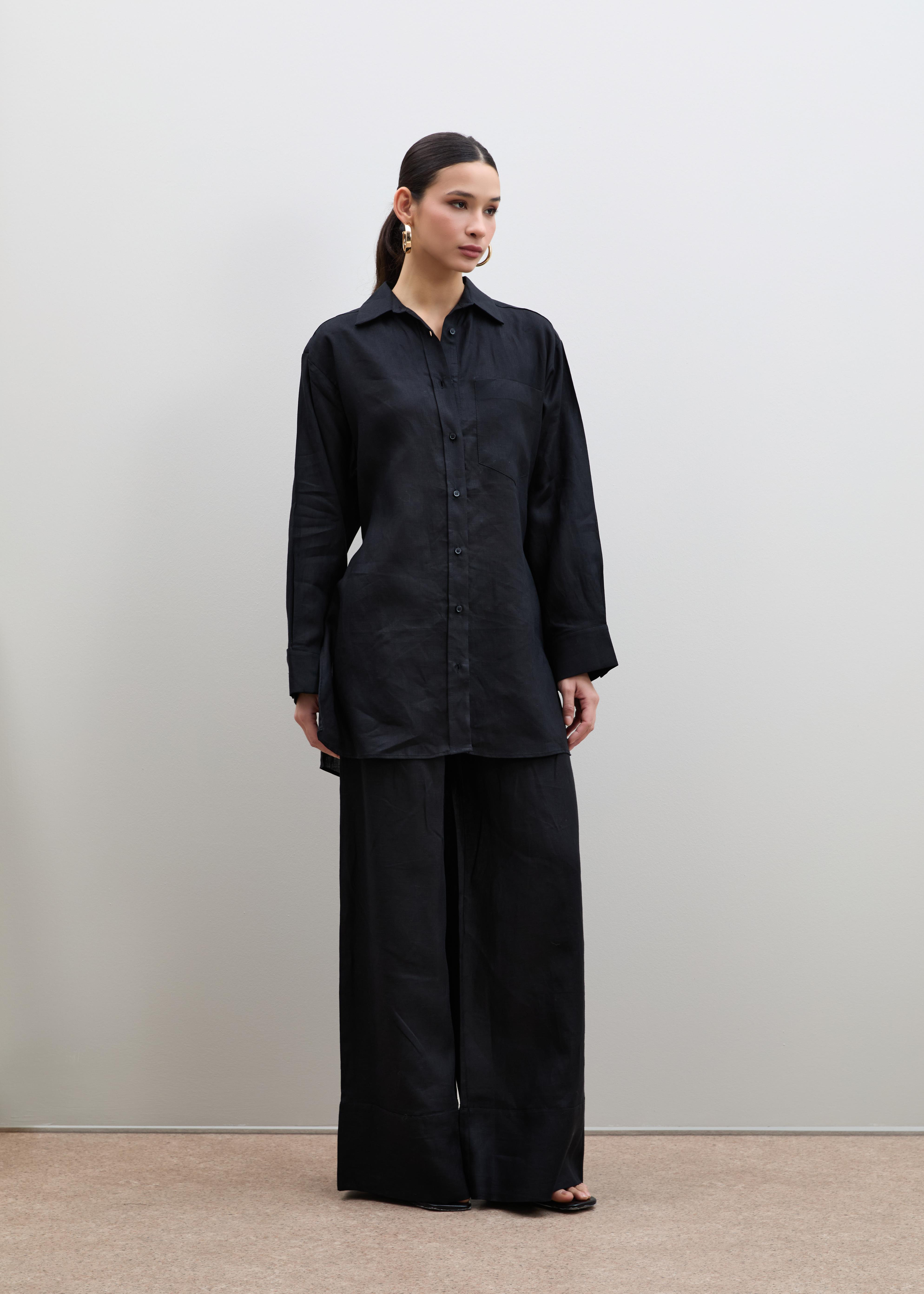 %100 Keten Kuşak Detaylı Oversize Gömlek