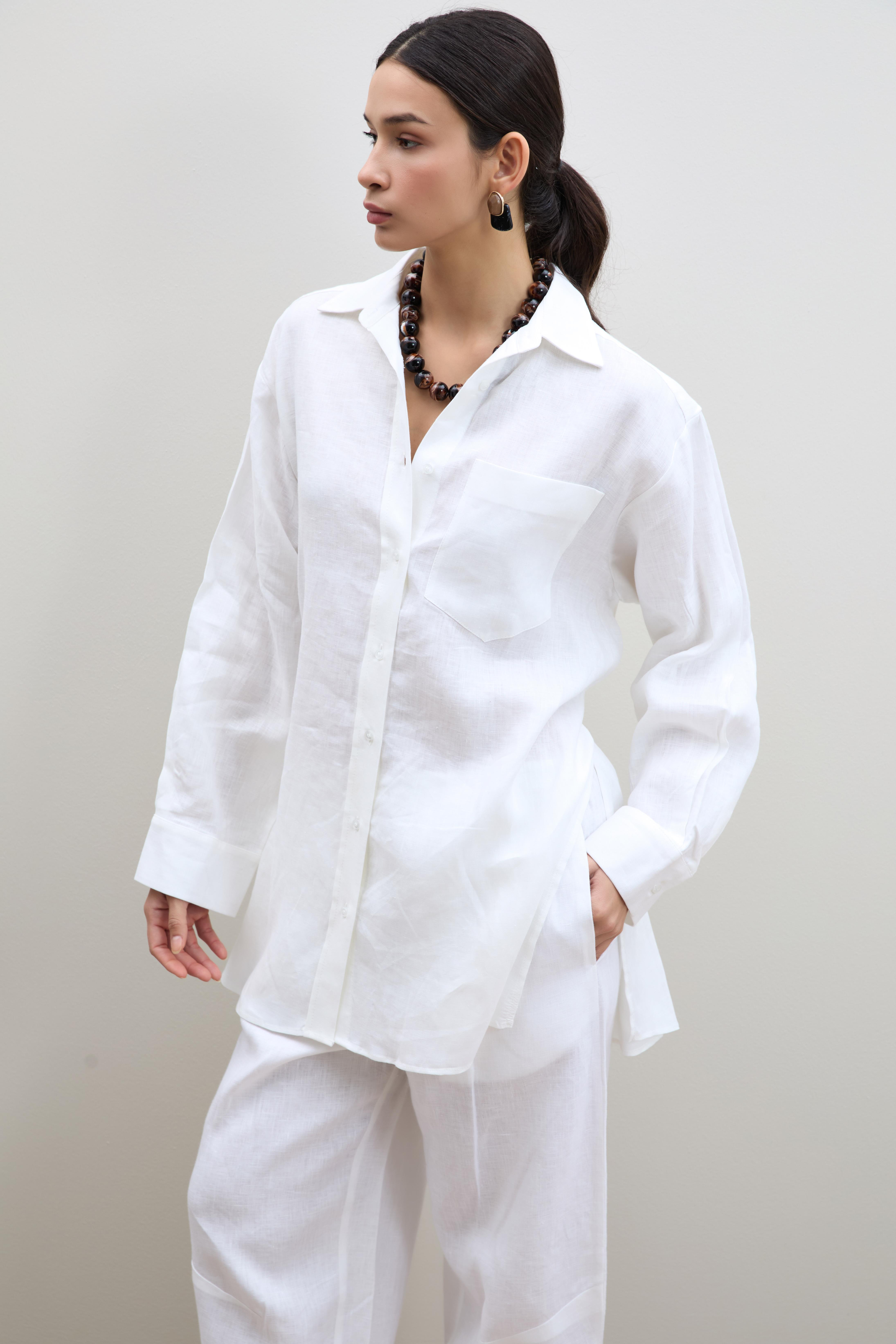 %100 Keten Kuşak Detaylı Oversize Gömlek