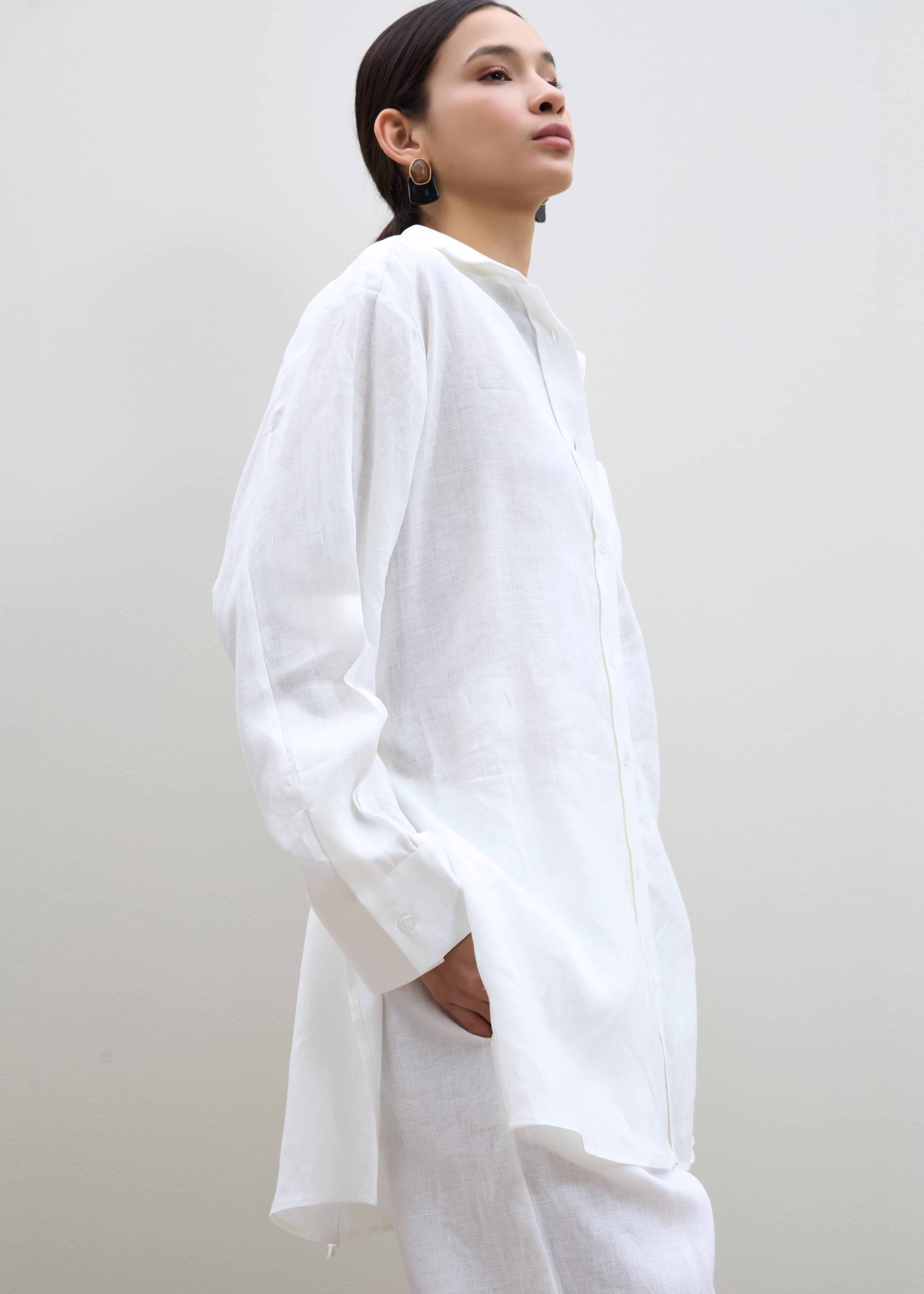 %100 Keten Kuşak Detaylı Oversize Gömlek