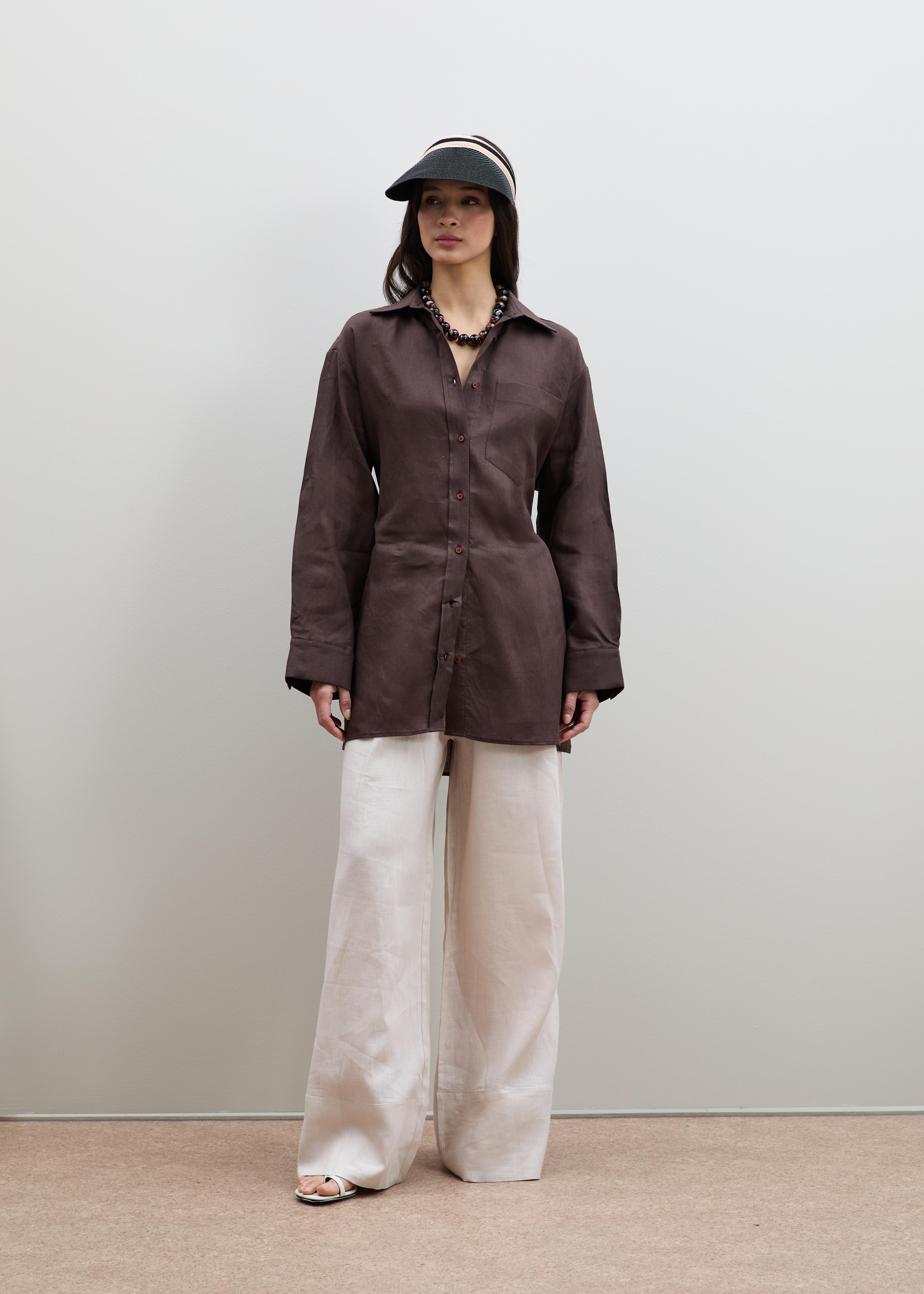 %100 Keten Kuşak Detaylı Oversize Gömlek