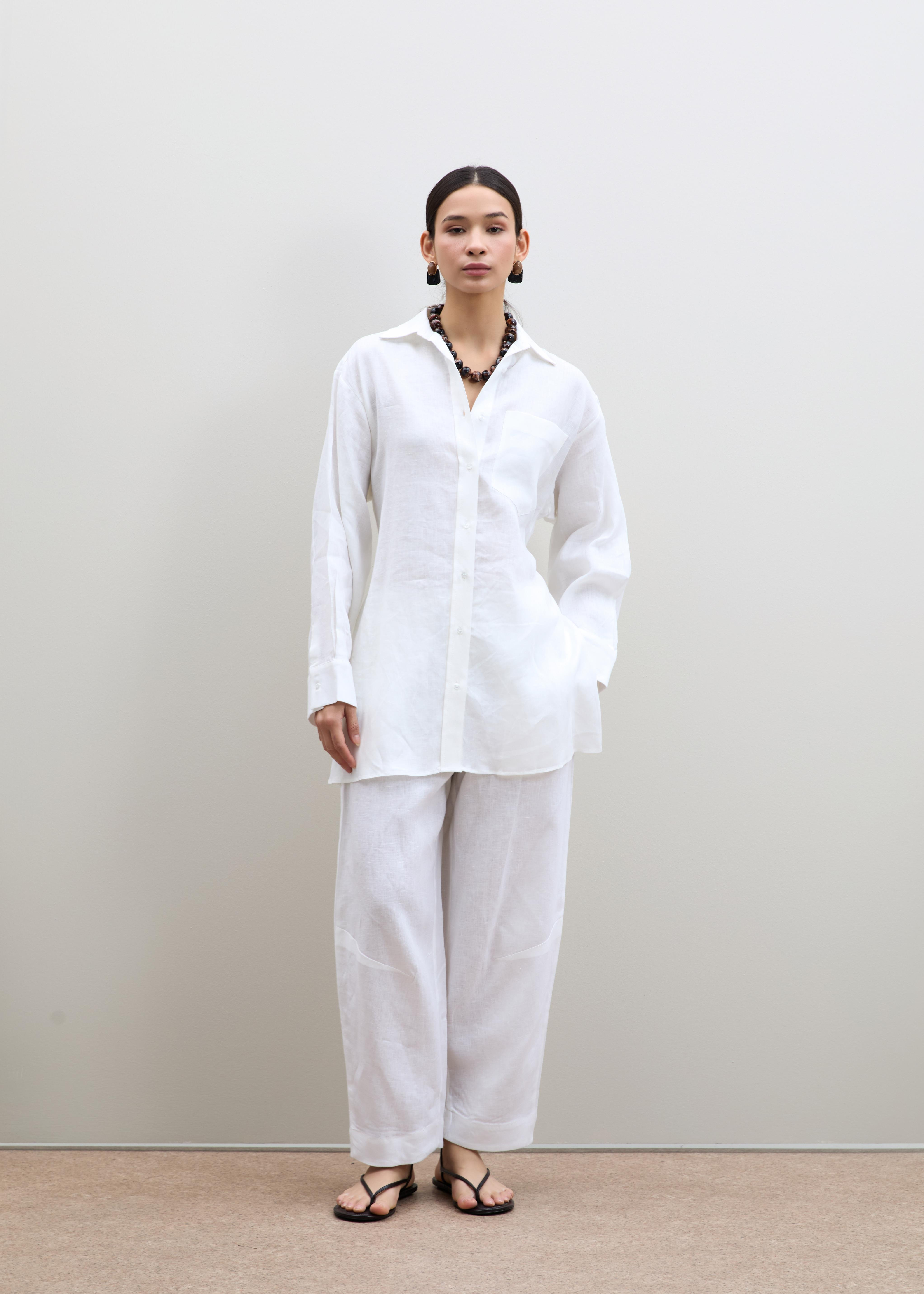 %100 Keten Kuşak Detaylı Oversize Gömlek