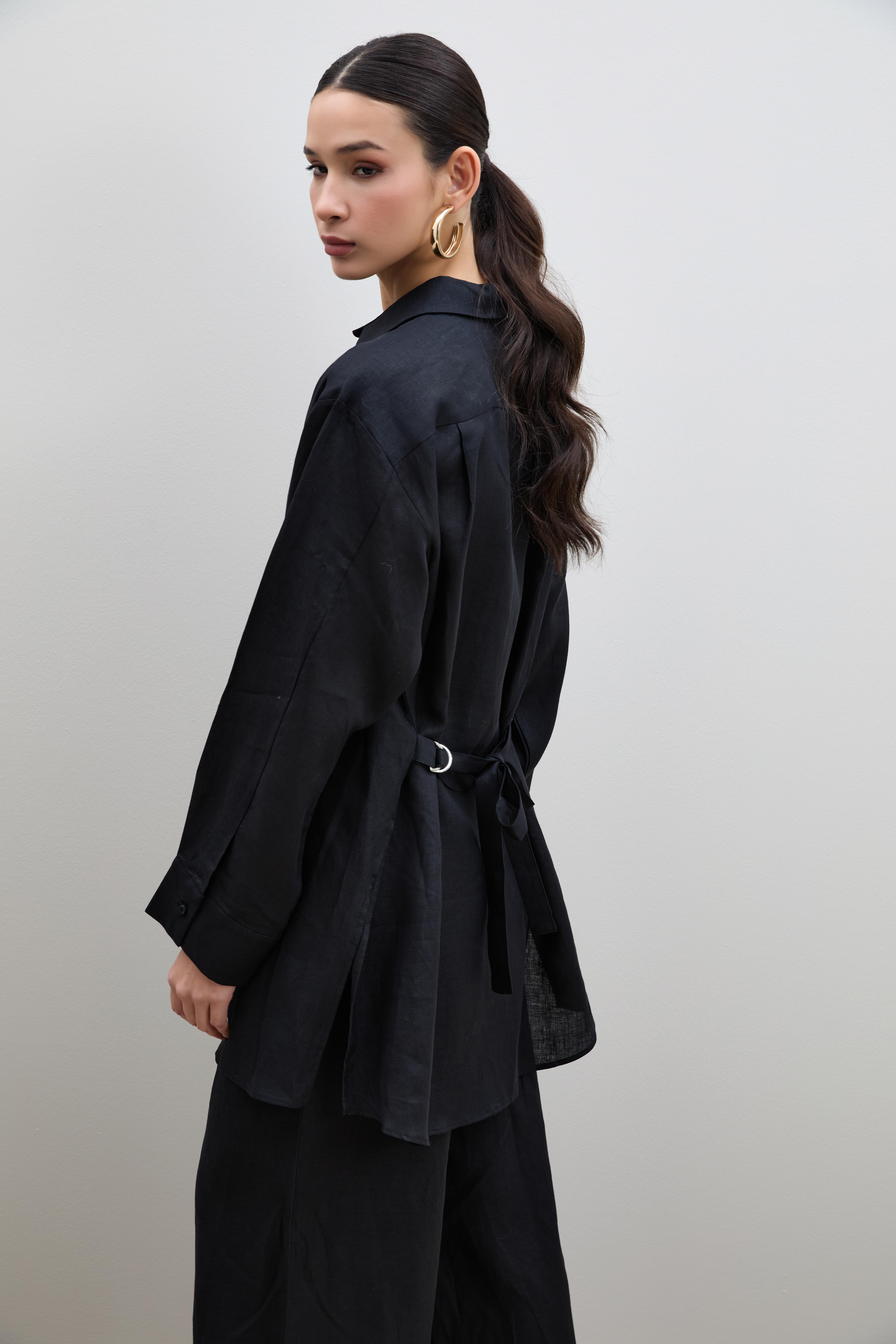 %100 Keten Kuşak Detaylı Oversize Gömlek